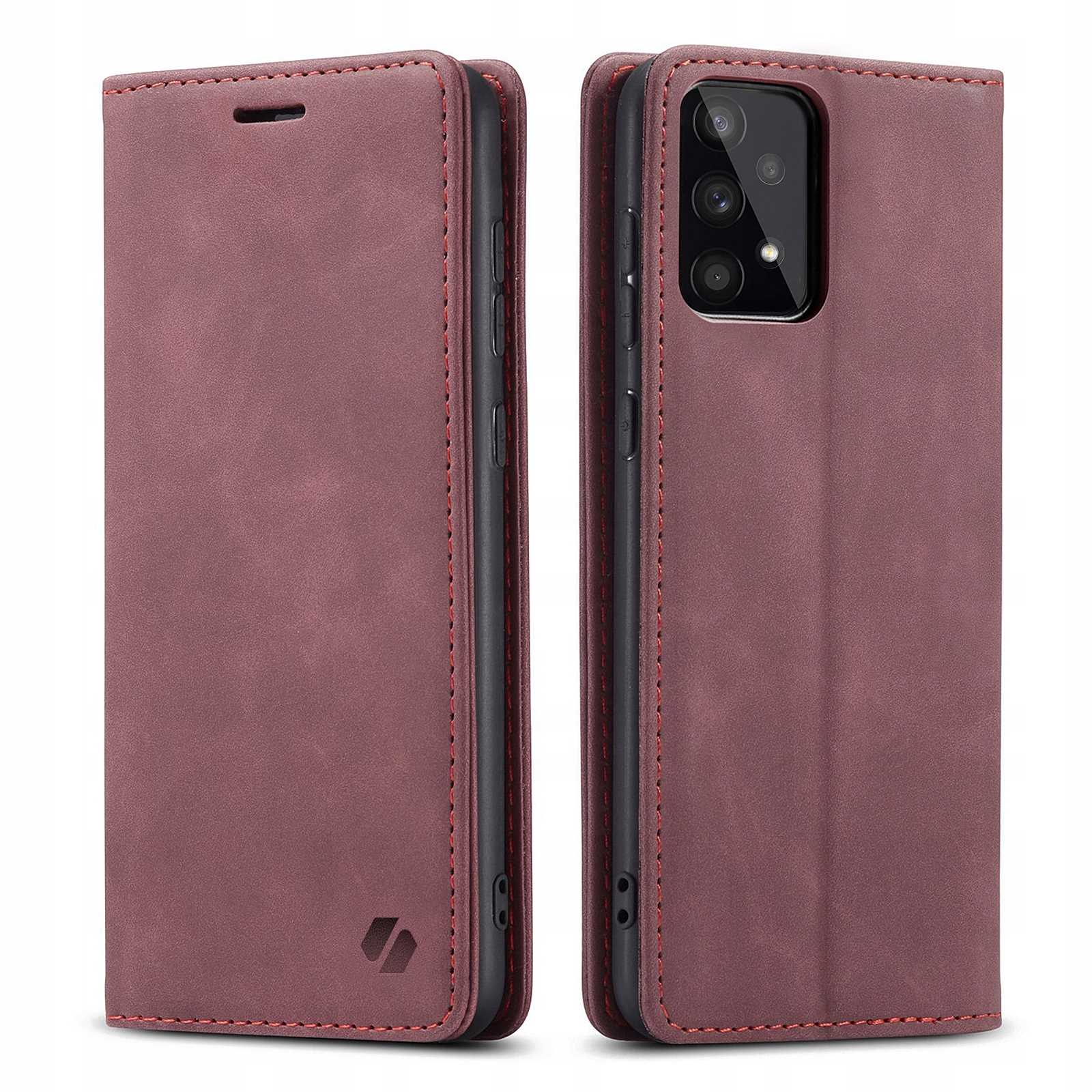 Bordowe etui na telefon. Etui jest zamknięte i ma otwór na aparat.