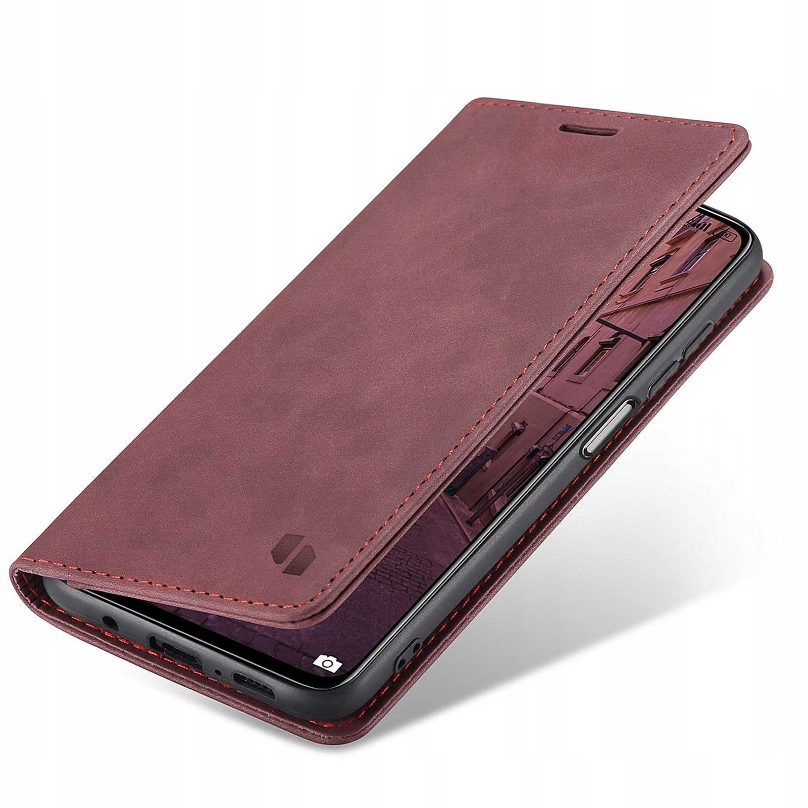 Bordowe etui na telefon, z telefonem w środku. Telefon jest pochylony, a etui otwarte.