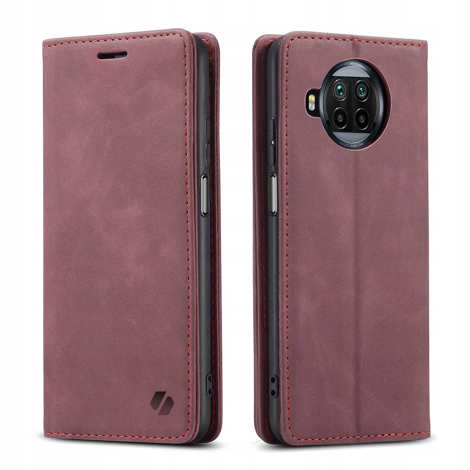 Etui na telefon w kolorze bordowym jest pokazane otwarte i zamknięte. Zamknięte etui pokazuje przód, otwarte etui pokazuje telefon.