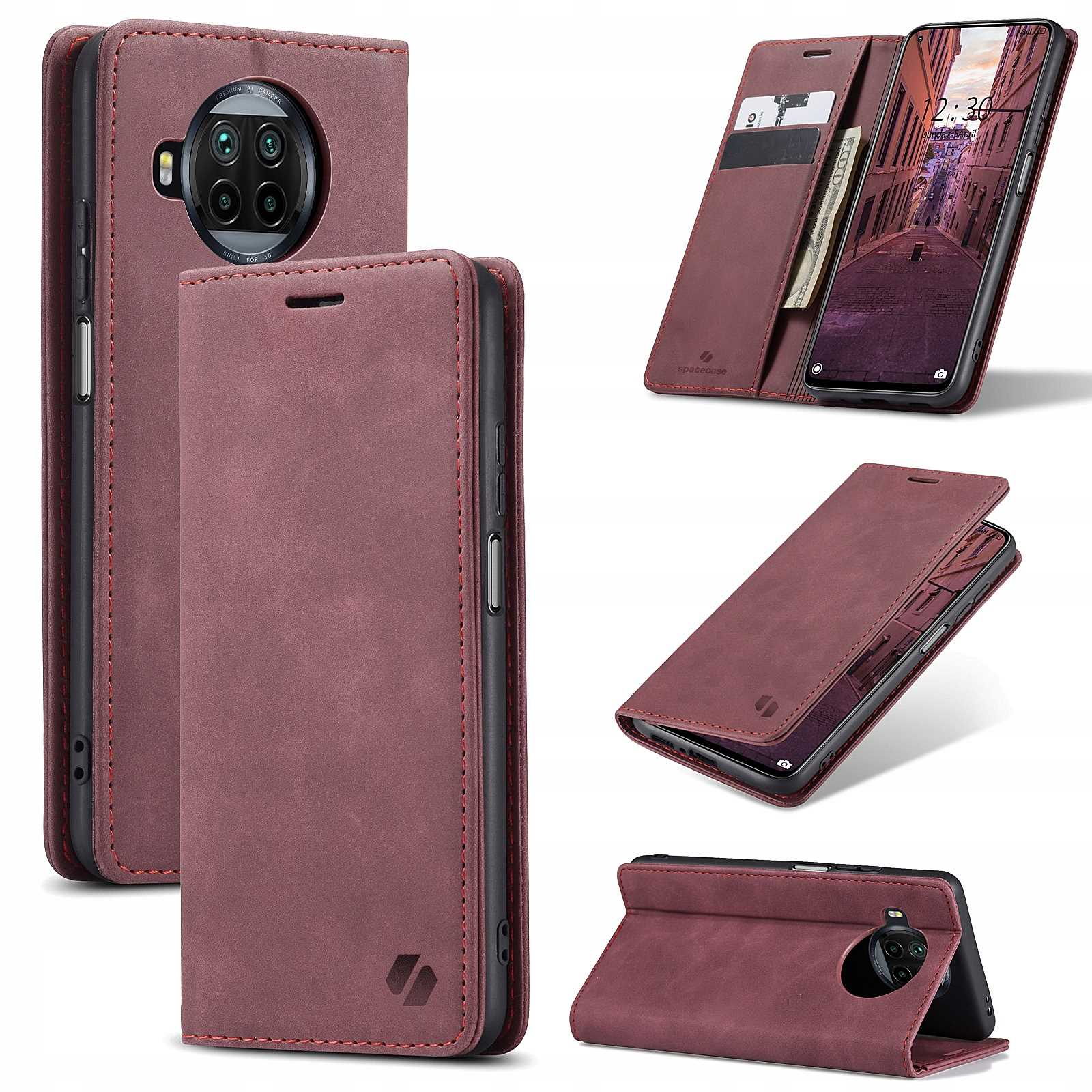 Bordowe etui na telefon, otwarte i zamknięte, z telefonem w środku. Telefon wyświetla widok miasta.