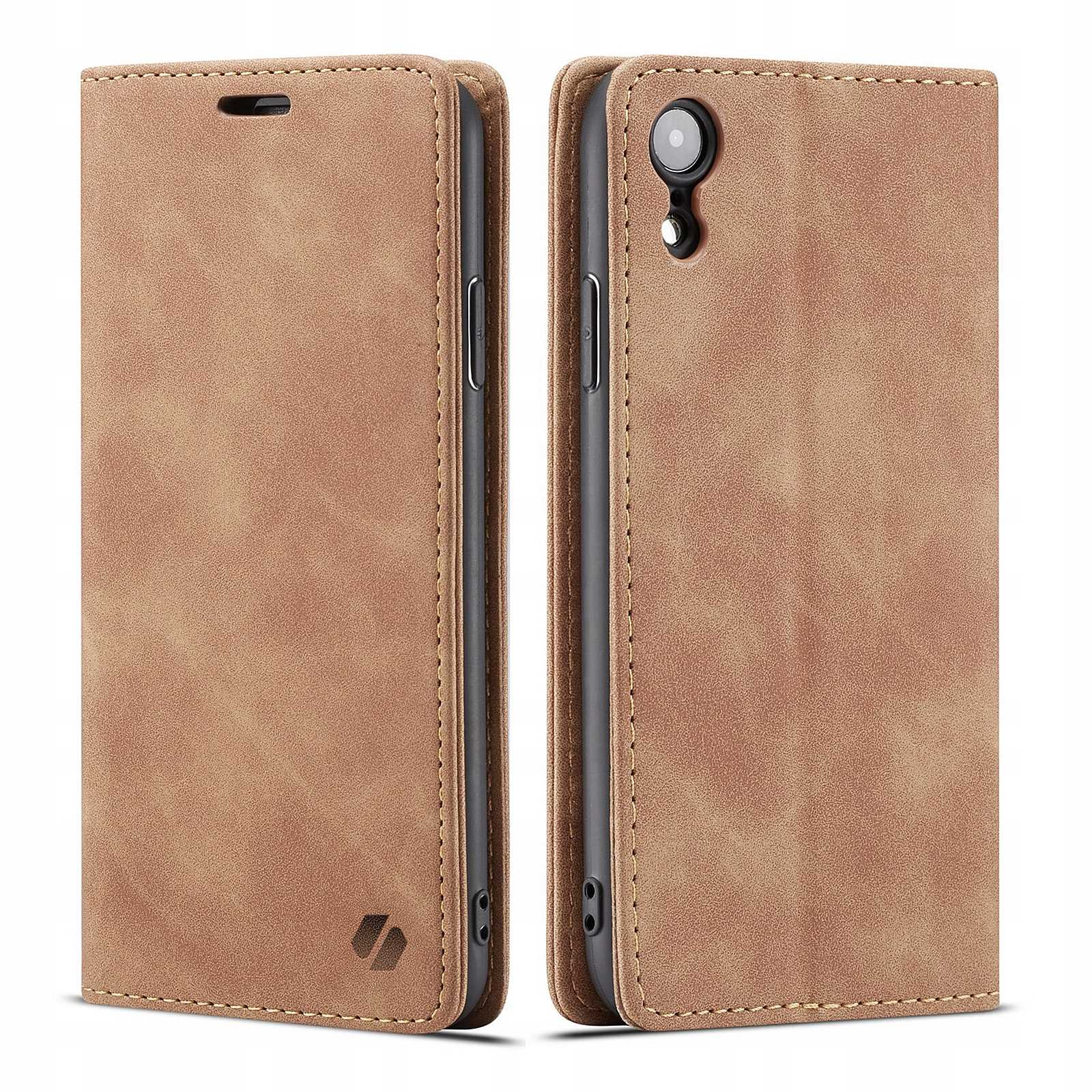 Dwa brązowe skórzane etui na telefon, otwarte i zamknięte. Zamknięte etui ma emblemat.