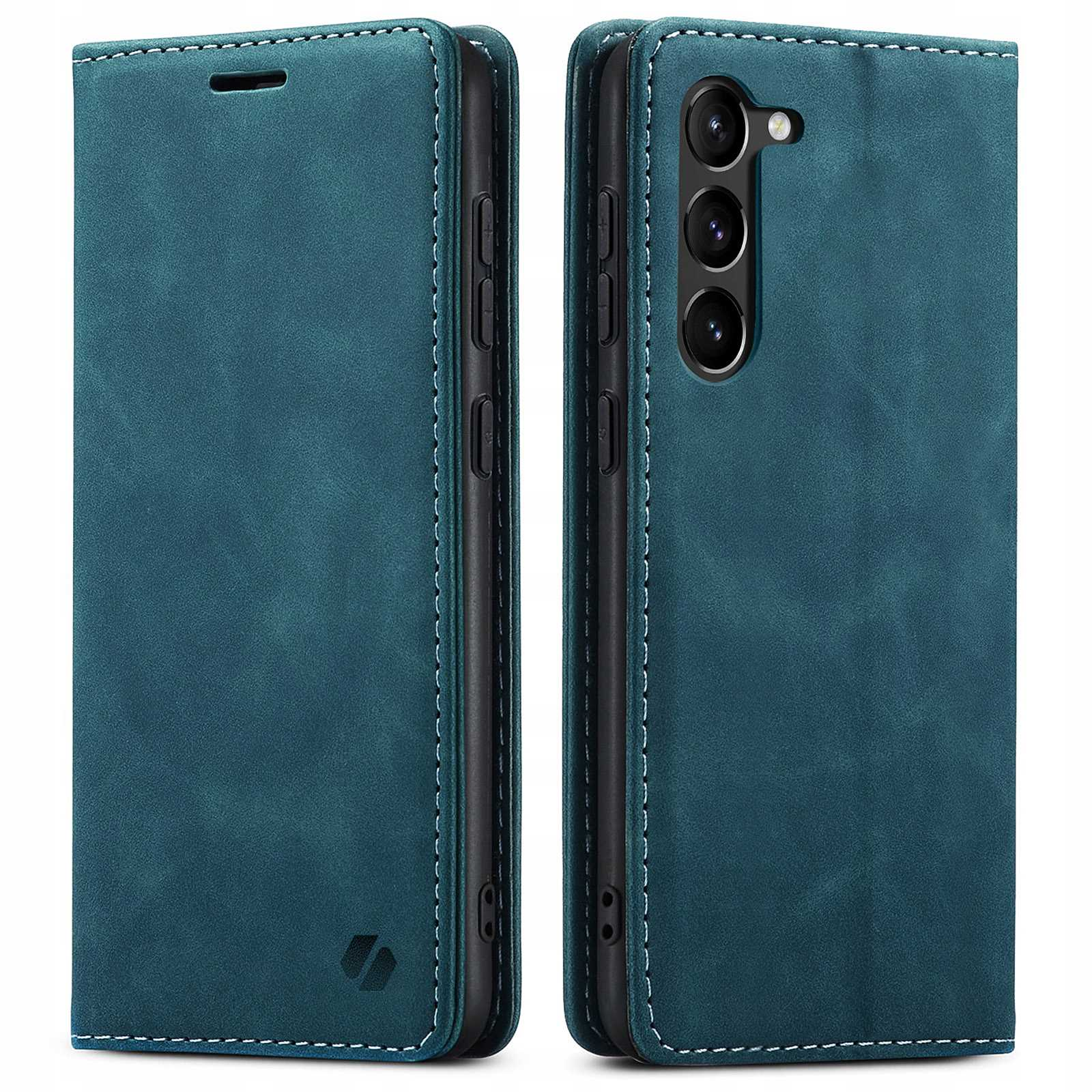 Dwa widoki turkusowego etui na telefon. Jedno otwarte, pokazujące telefon. Drugie zamknięte, pokazujące tył.