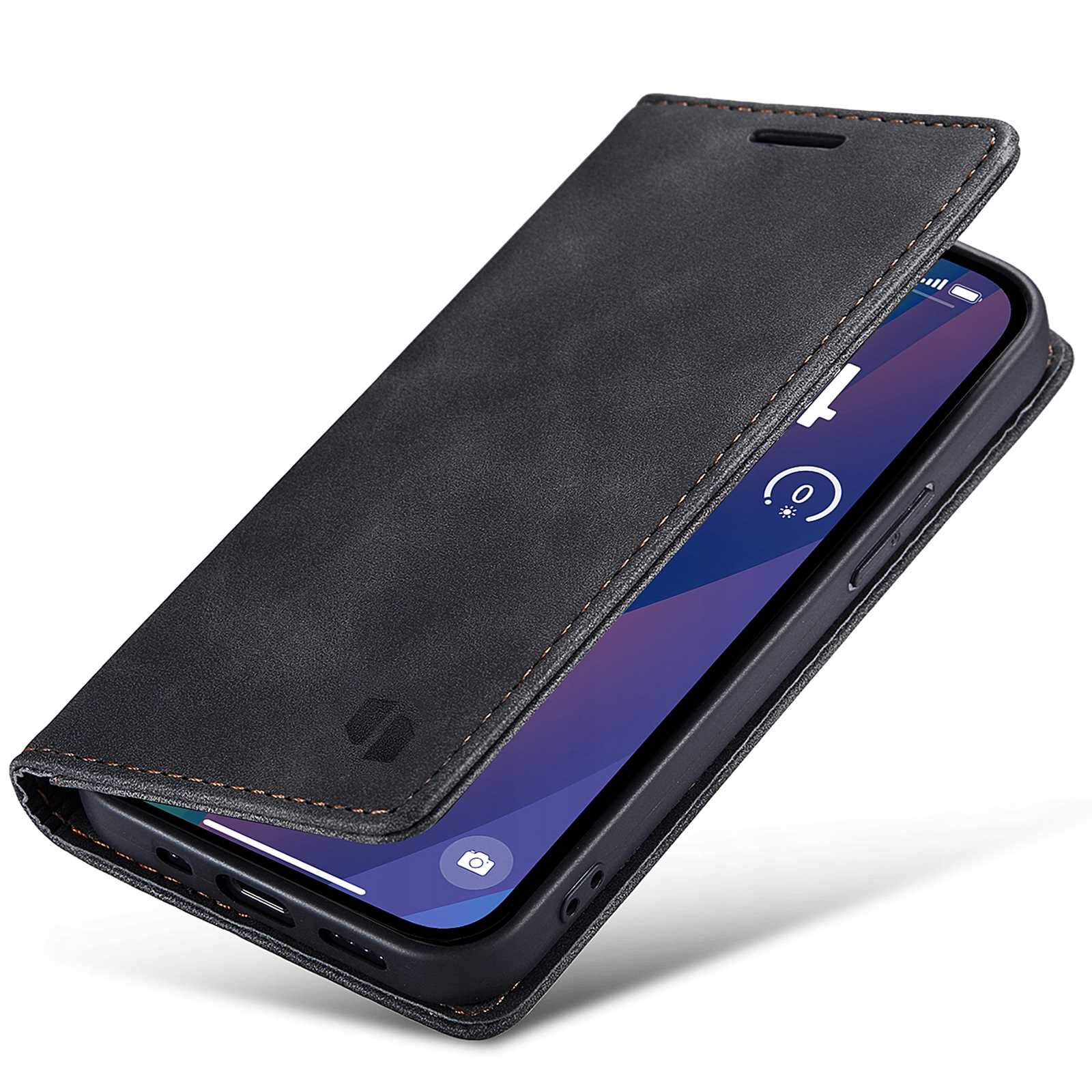 Czarne skórzane etui na telefon, otwarte, aby wyświetlić ekran telefonu. Widoczne brązowe szwy i logo.