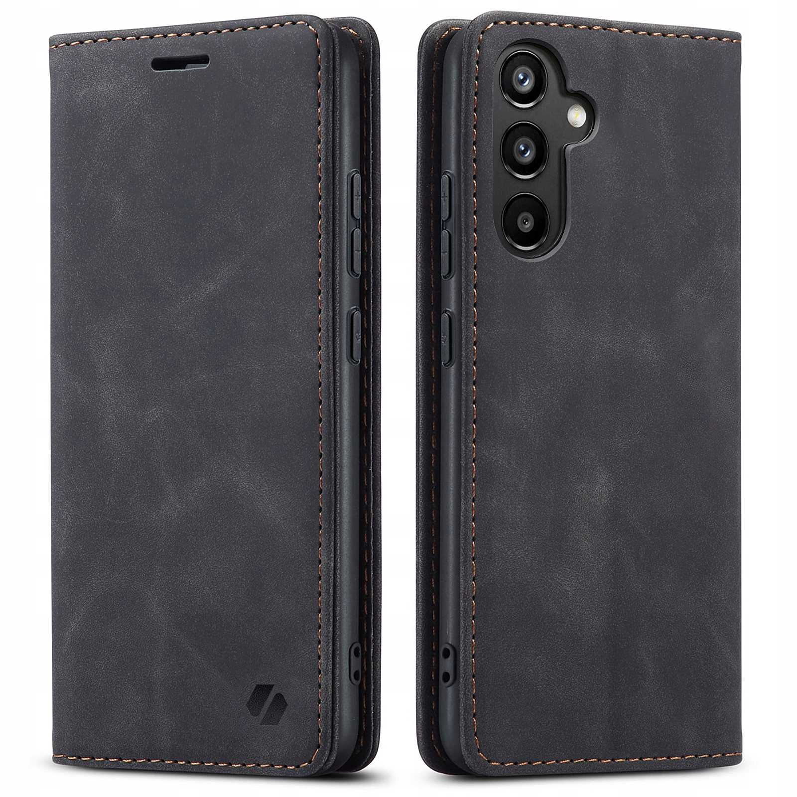 Dwa czarne etui na telefon, jedno zamknięte, drugie otwarte. Oba mają brązowe szwy i logo.