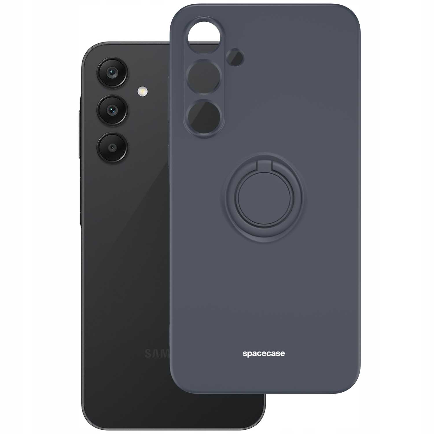 Ciemnoszare etui na telefon z uchwytem na pierścień obok czarnego telefonu. Marka to spacecase.