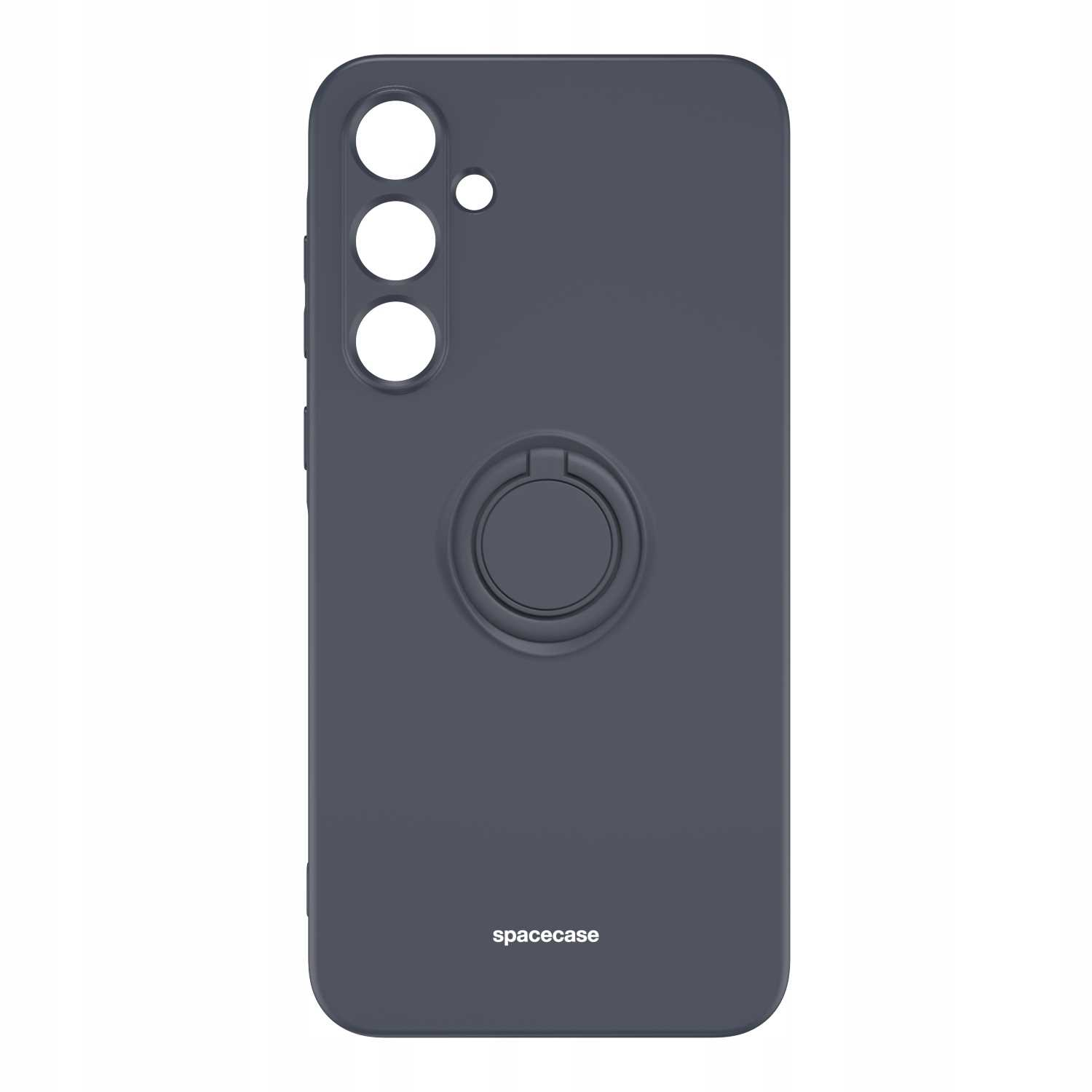 Ciemnoszare etui na telefon z uchwytem na pierścień, marką spacecase i trzema otworami na aparat.