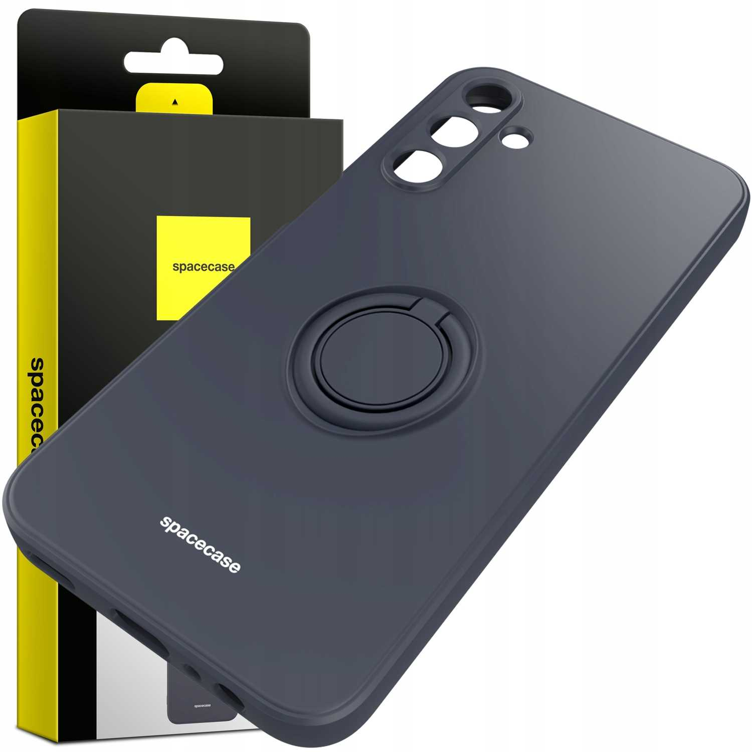 Ciemnoszare etui na telefon z uchwytem na pierścień, widoczna marka spacecase.
