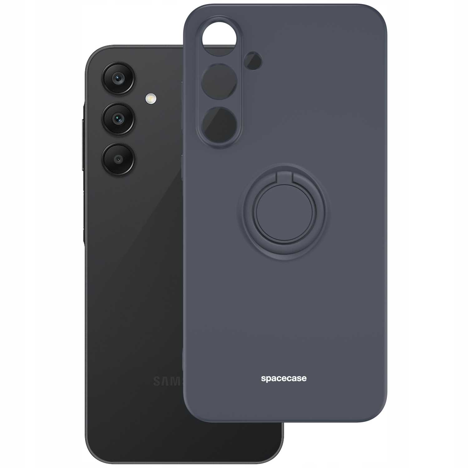 Ciemnoszare etui na telefon z uchwytem na pierścień obok czarnego telefonu. Marka to spacecase.
