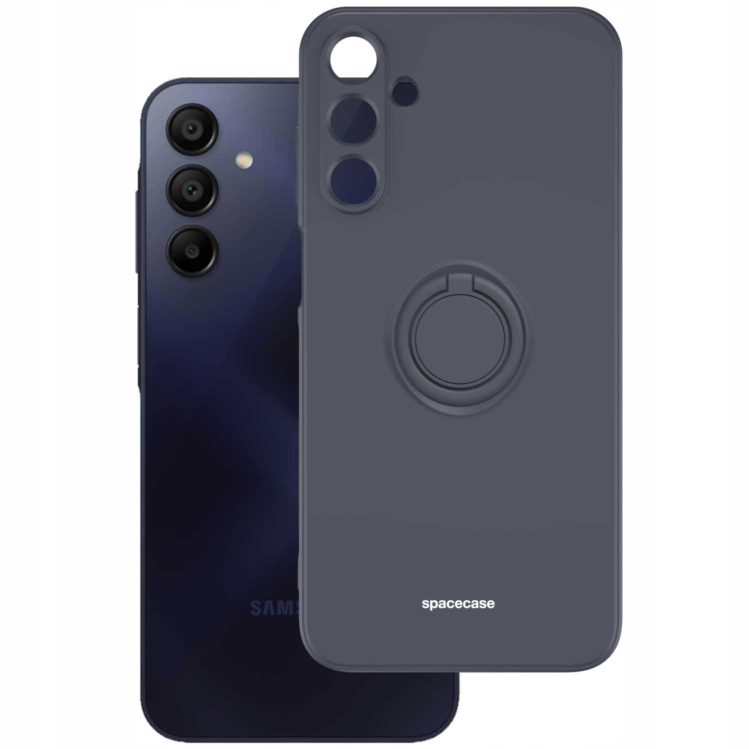 Ciemnoszare etui na telefon z uchwytem na pierścień obok czarnego telefonu. Marka to spacecase.