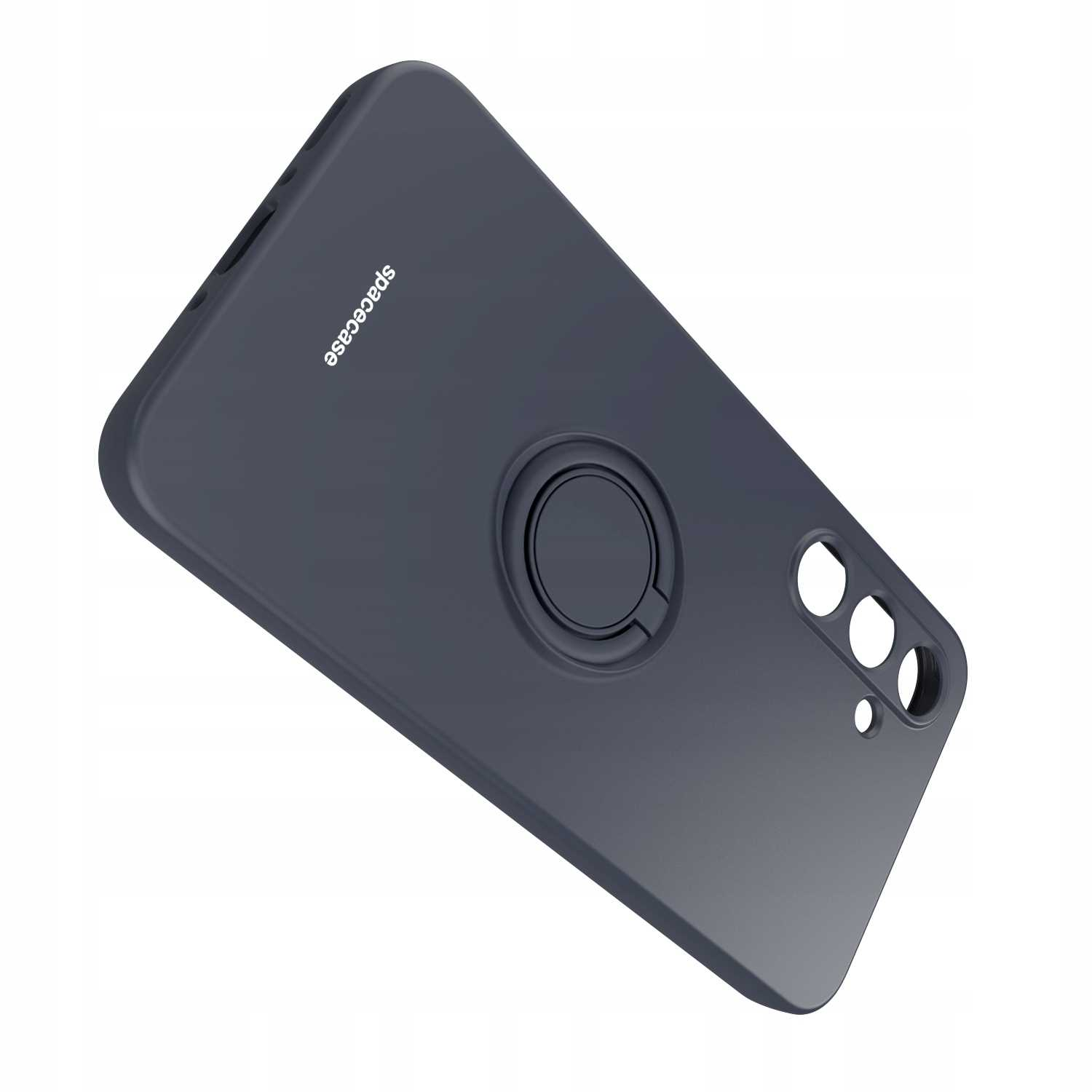 Ciemnoszare etui na telefon z uchwytem na pierścień i trzema otworami na aparat, widoczna marka spacecase.