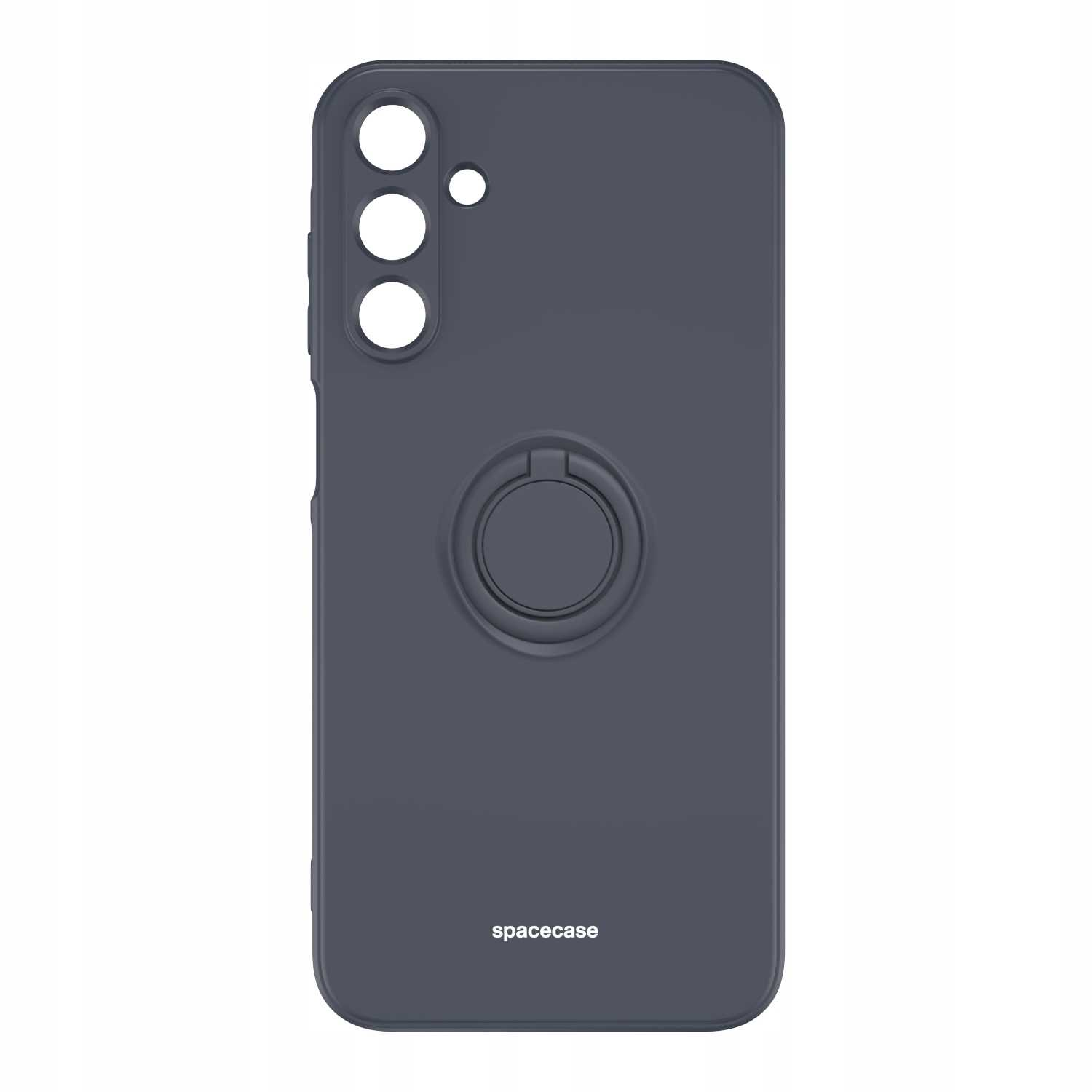 Ciemnoszare etui na telefon z uchwytem na pierścień, marką spacecase i trzema otworami na aparat.