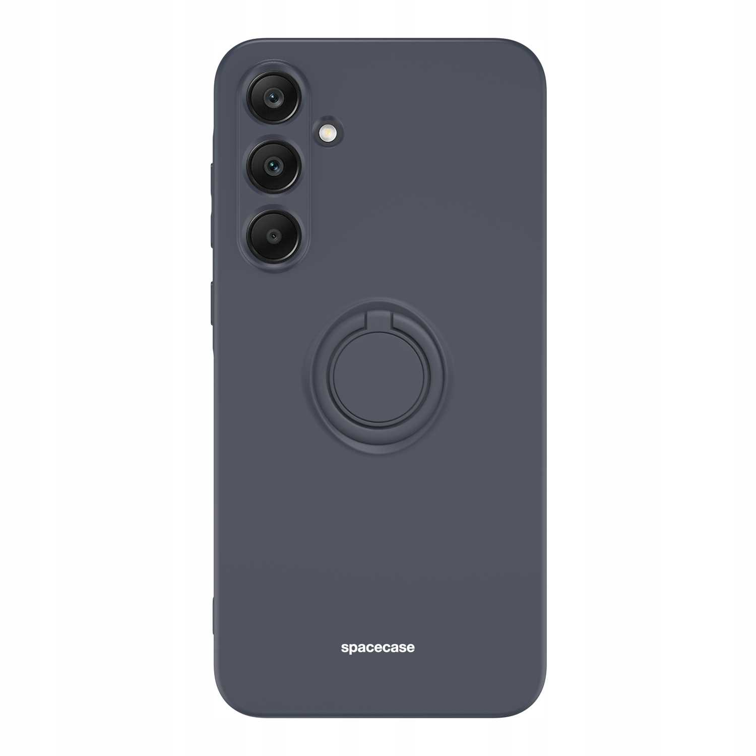 Ciemnoszara obudowa telefonu z uchwytem na pierścień. Logo Spacecase na dole. Wycięcia na aparat u góry.