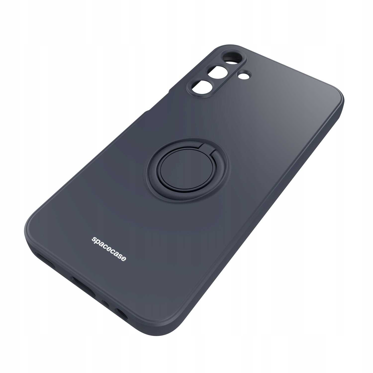 Ciemnoszara obudowa telefonu z uchwytem na pierścień. Logo Spacecase na dole. Obudowa jest pod kątem.