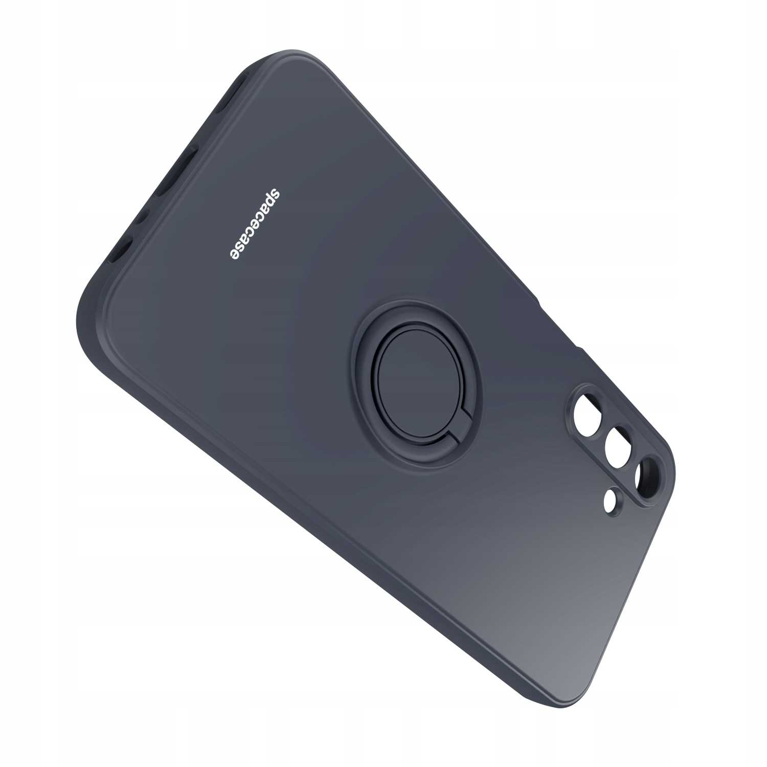 Ciemnoszara obudowa telefonu z uchwytem na pierścień. Logo Spacecase na obudowie. Obudowa jest pod kątem.