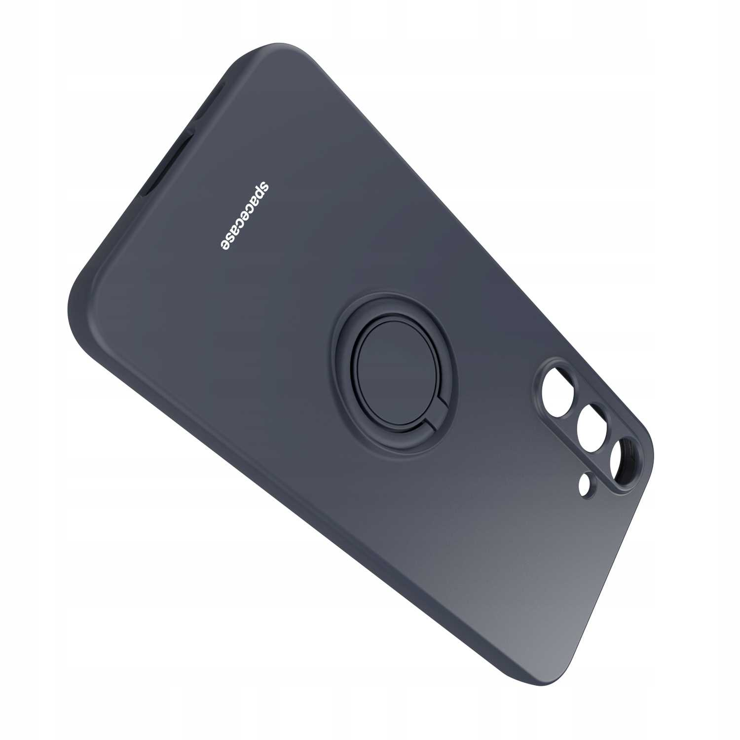Skośne ciemnoszare etui na telefon z uchwytem na pierścień i logo 'spacecase'.