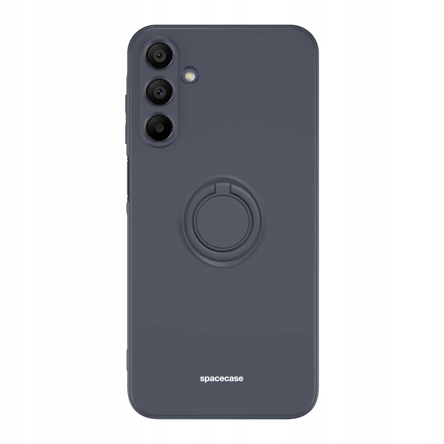 Ciemnoszare etui na telefon z trzema otworami na aparat i uchwytem na pierścień, z 'spacecase'.