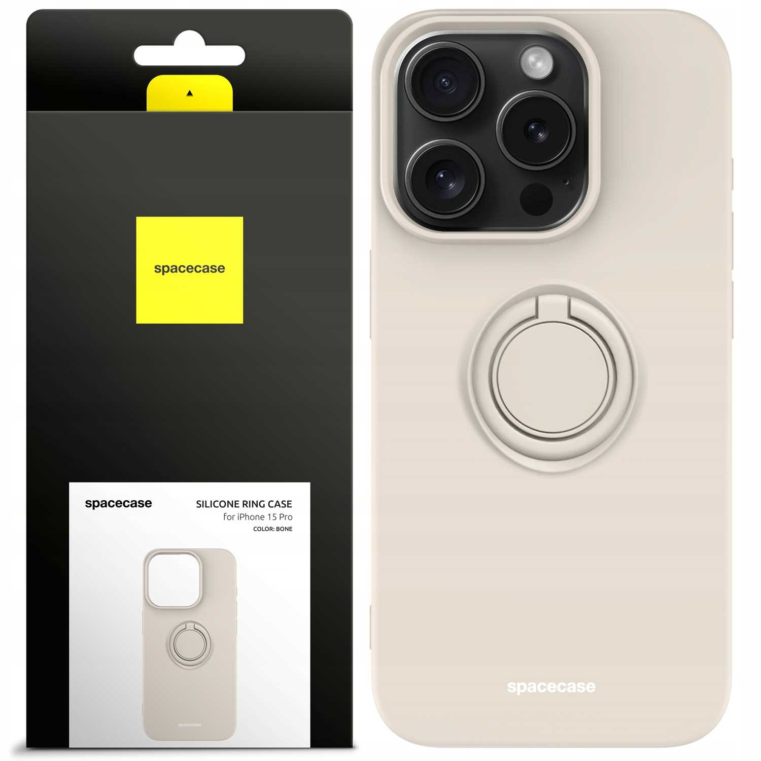 Etui na iPhone z uchwytem na pierścień. Ma kolor kości słoniowej. Po lewej czarne pudełko z nazwą marki i szczegółami produktu.