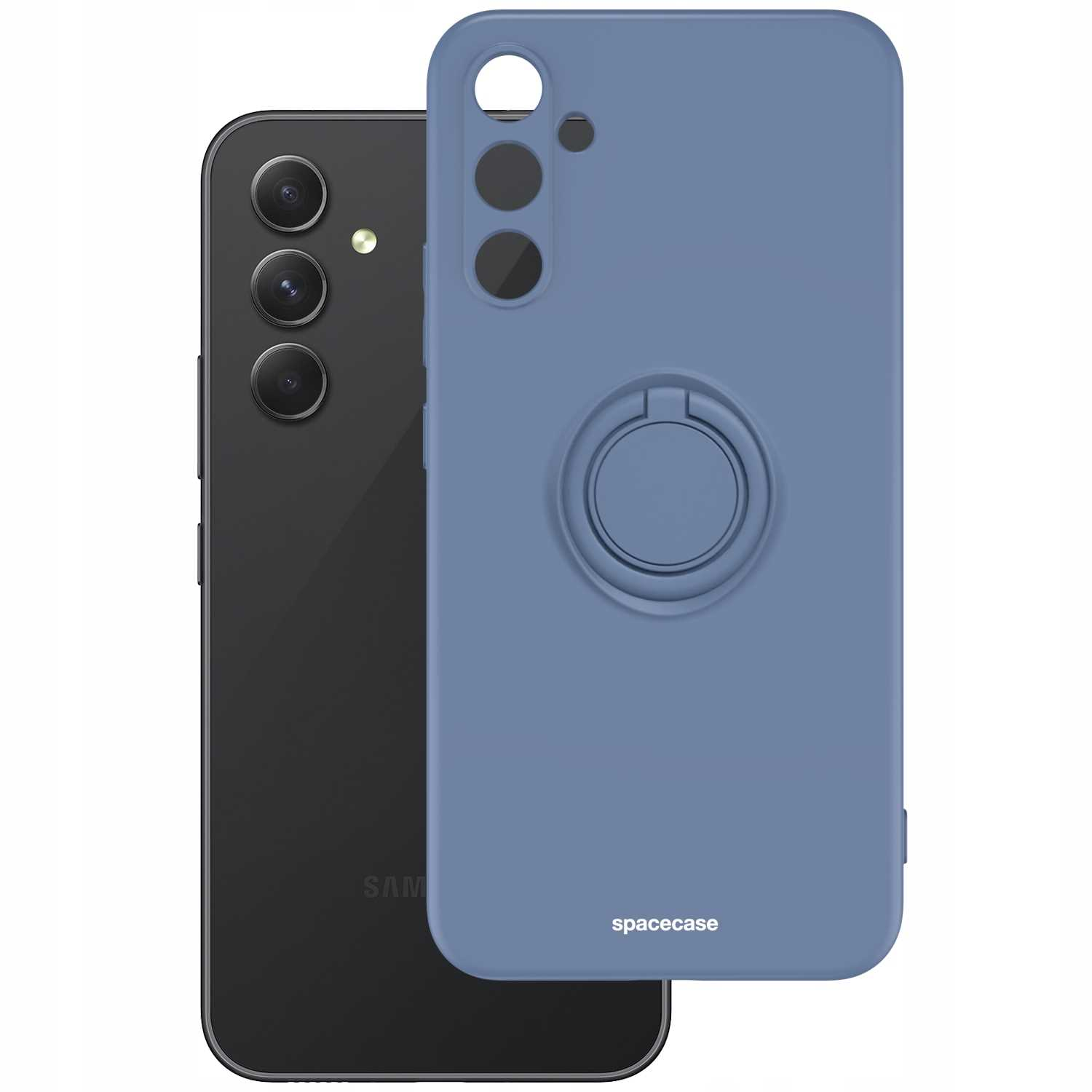 Czarny telefon Samsung z niebieskim etui. Etui ma uchwyt na pierścień i logo Spacecase. Telefon ma kamery.