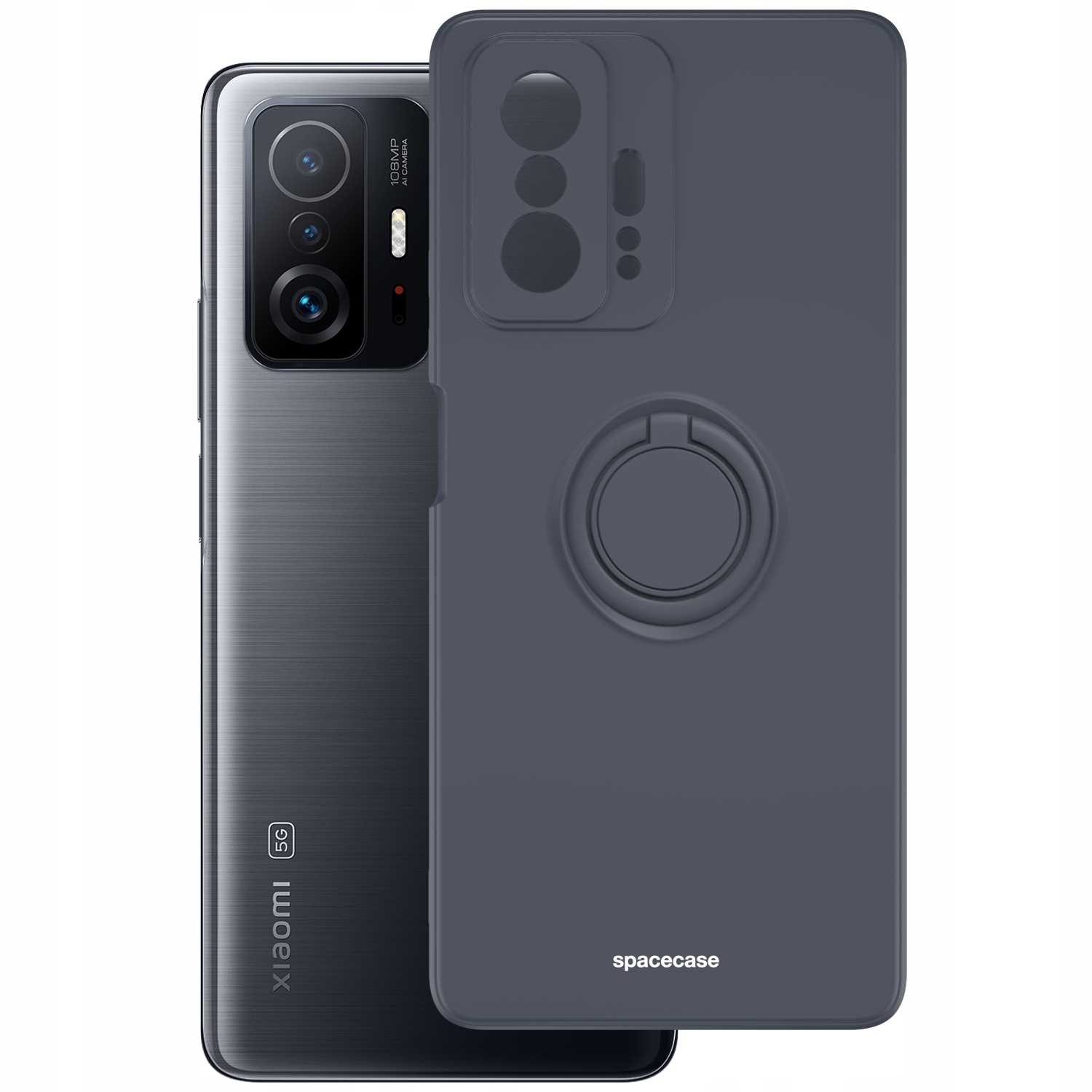 Czarny telefon i szare etui z uchwytem na pierścień i logo Spacecase. Telefon ma kamery. Białe tło.