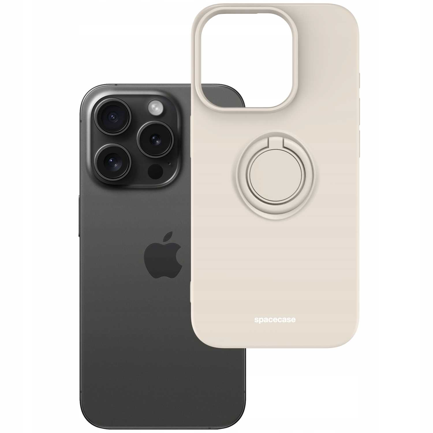 iPhone i etui w kolorze kości słoniowej z uchwytem na pierścień. Etui ma logo Spacecase. Białe tło.