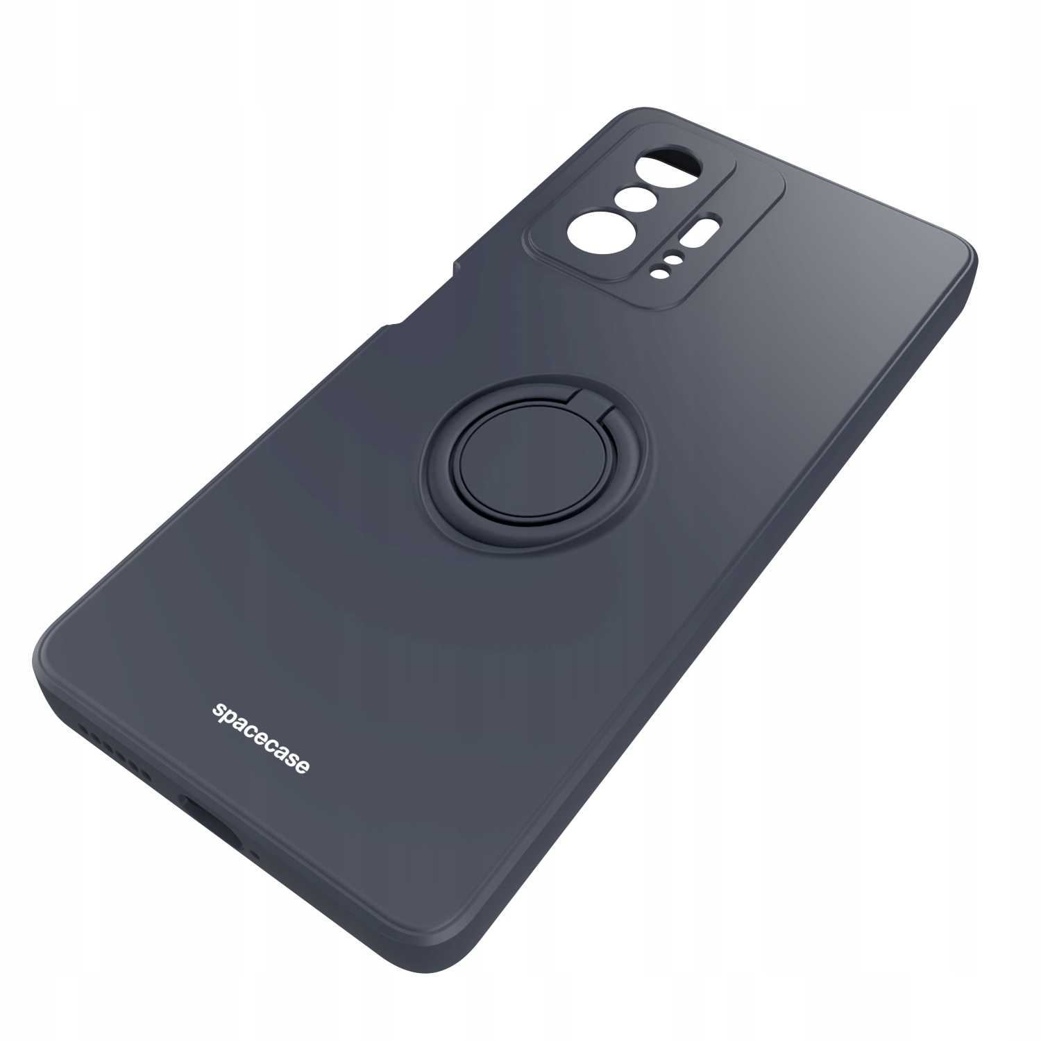 Ciemnoszare etui na telefon z uchwytem na pierścień. Marka 'spacecase' widoczna.