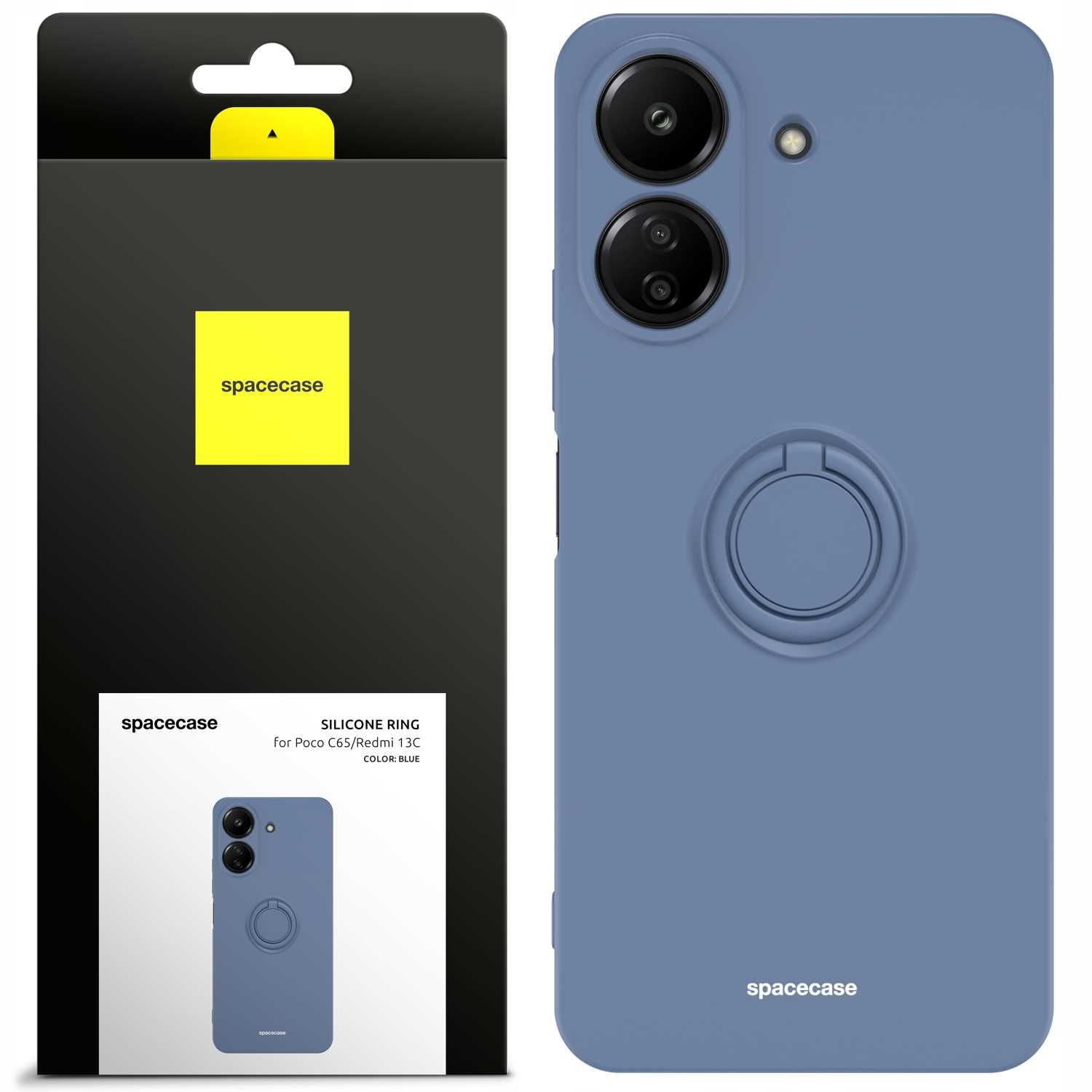 Niebieskie etui z pierścieniem i opakowaniem. Opakowanie pokazuje etui. 'spacecase'.