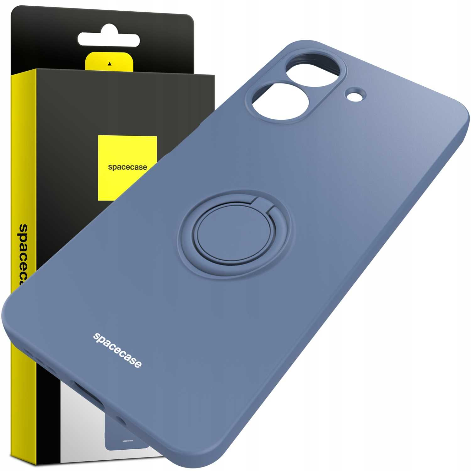 Niebieskie etui z pierścieniem i opakowaniem. Opakowanie pokazuje etui. 'spacecase'.