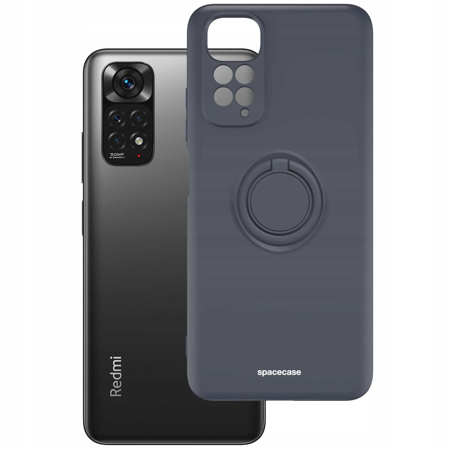 Ciemnoszare etui na telefon i czarny telefon obok siebie. Marka 'spacecase' na etui.