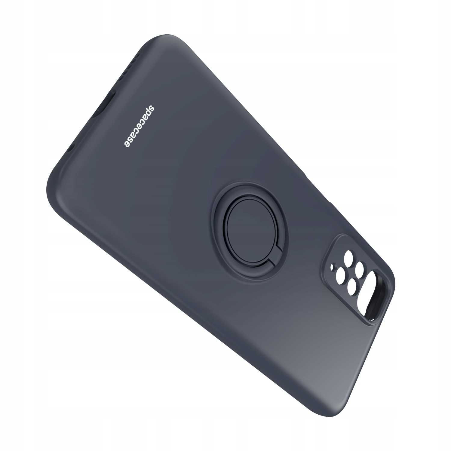 Ciemnoszare etui na telefon z uchwytem na pierścień. Nazwa marki 'spacecase' jest wydrukowana na górze.