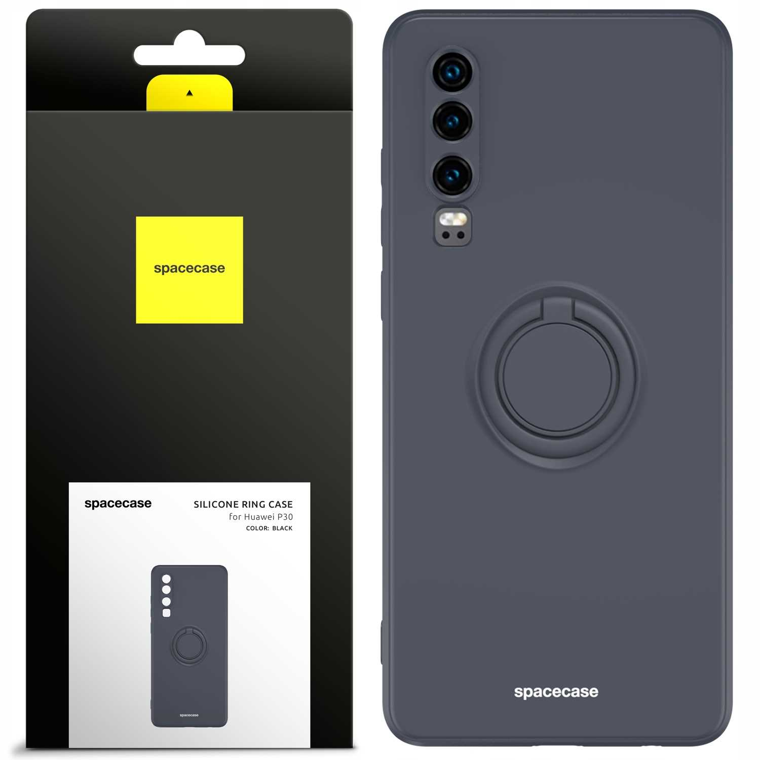 Ciemnoszare etui na telefon i opakowanie. Opakowanie pokazuje etui i żółty prostokąt z 'spacecase'.