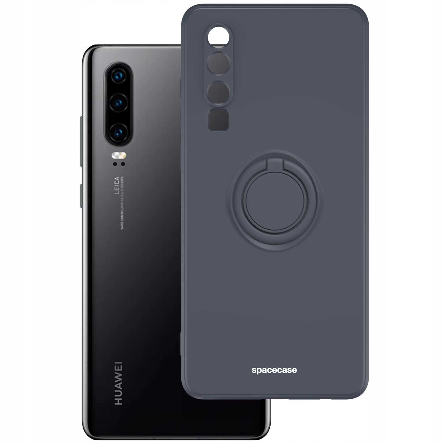 Szary telefon obok szarej obudowy z uchwytem na pierścień. Telefon ma markę Leica.