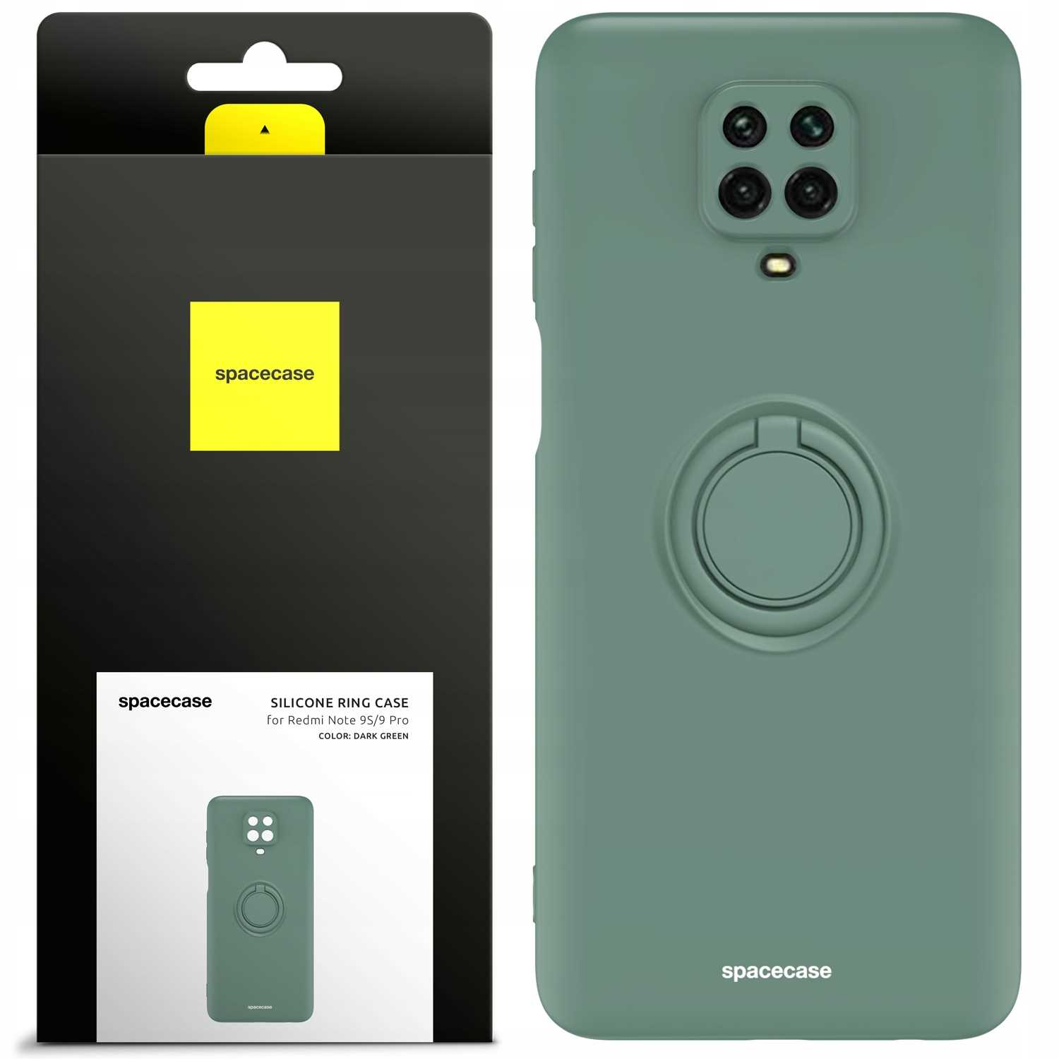 Zielona obudowa telefonu z uchwytem na pierścień i pudełkiem. Obudowa i pudełko z nadrukiem marki.