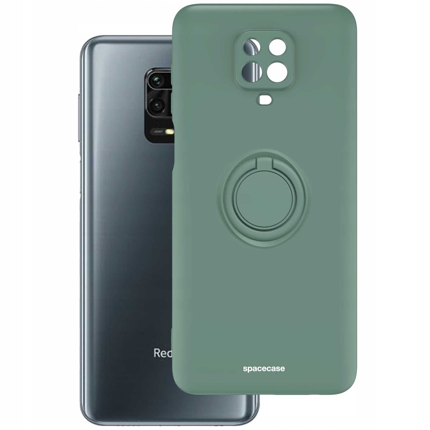 Zielone etui na telefon z uchwytem na pierścień obok ciemnoszarego telefonu. Etui ma logo 'spacecase'.