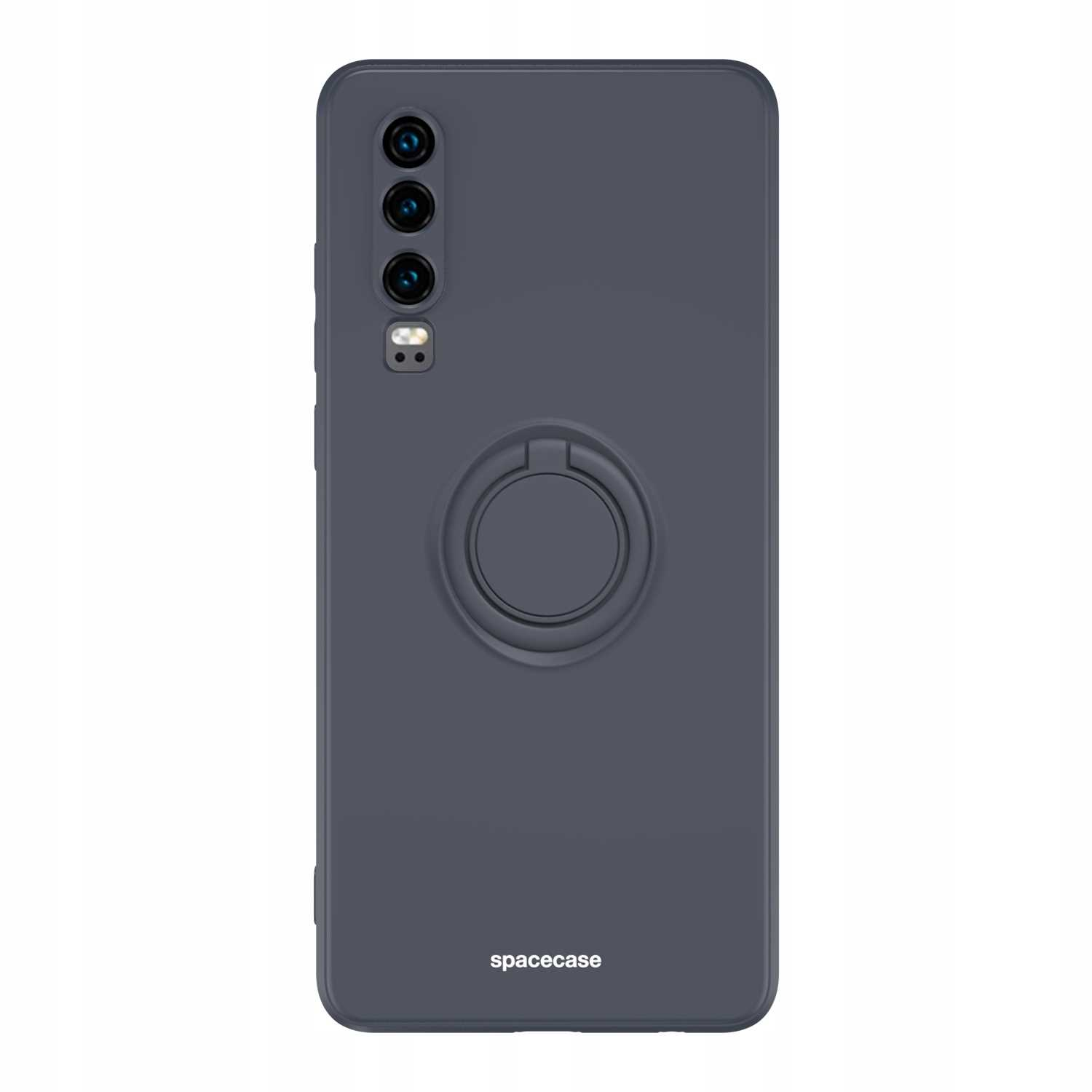Ciemnoszare etui na telefon z uchwytem na pierścień. Etui ma logo spacecase.