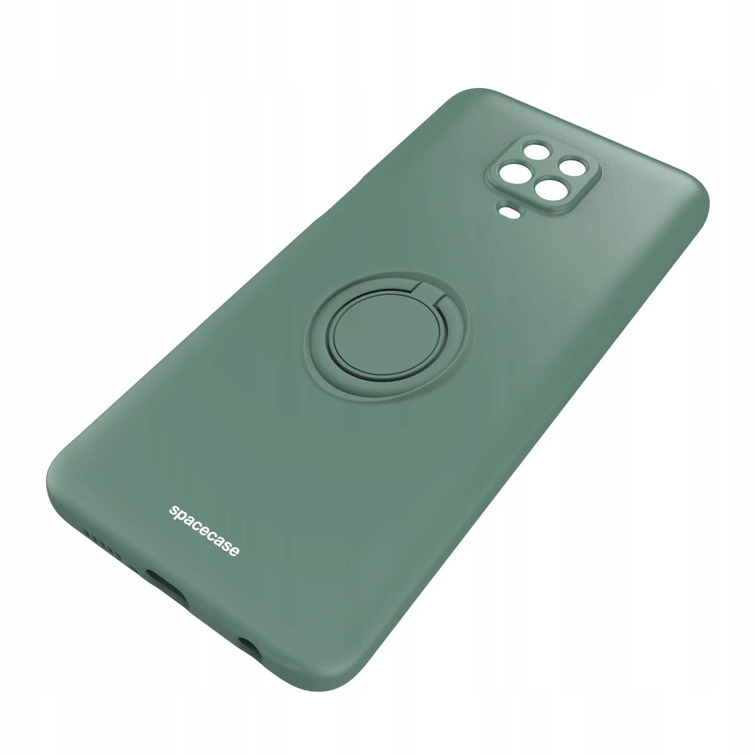 Zielone etui na telefon z uchwytem na pierścień. Etui ma logo spacecase.
