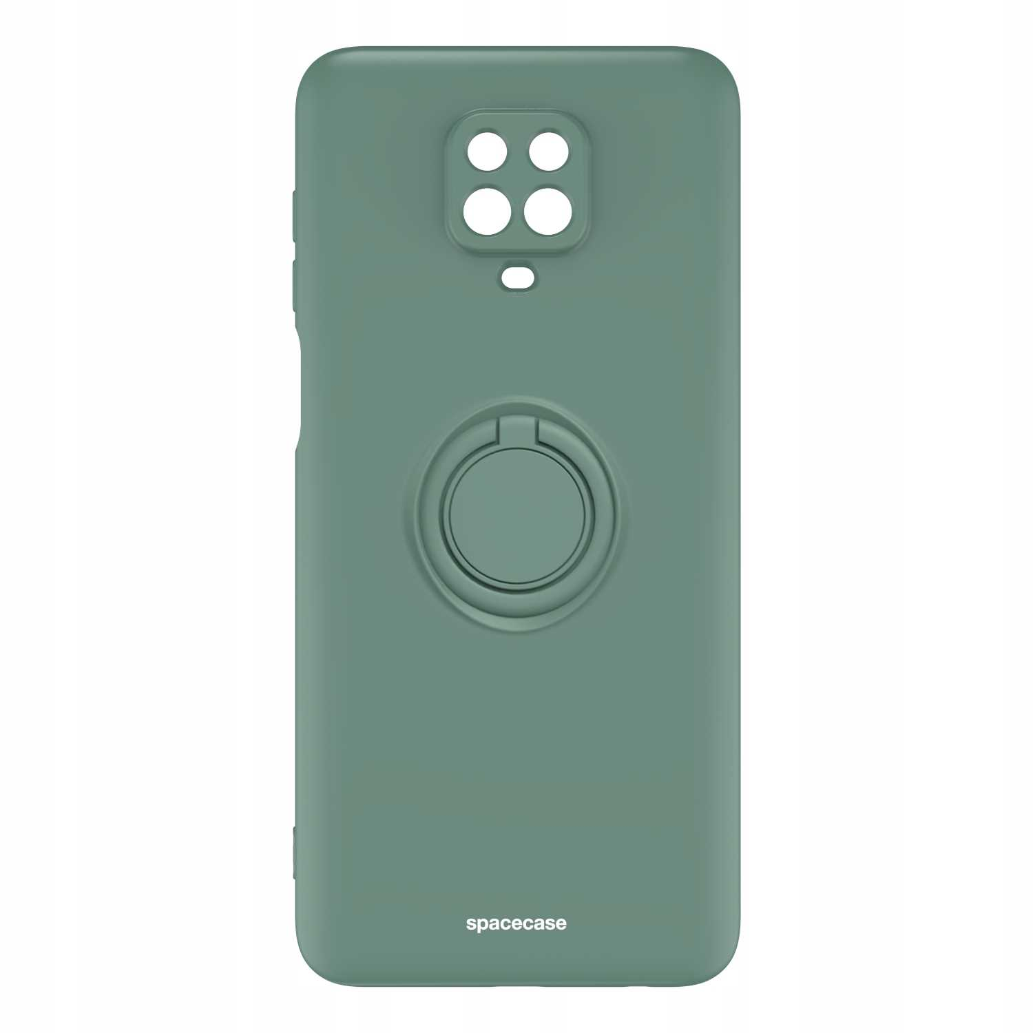Zielone etui na telefon z uchwytem na palec, marka 'spacecase'. Białe tło.