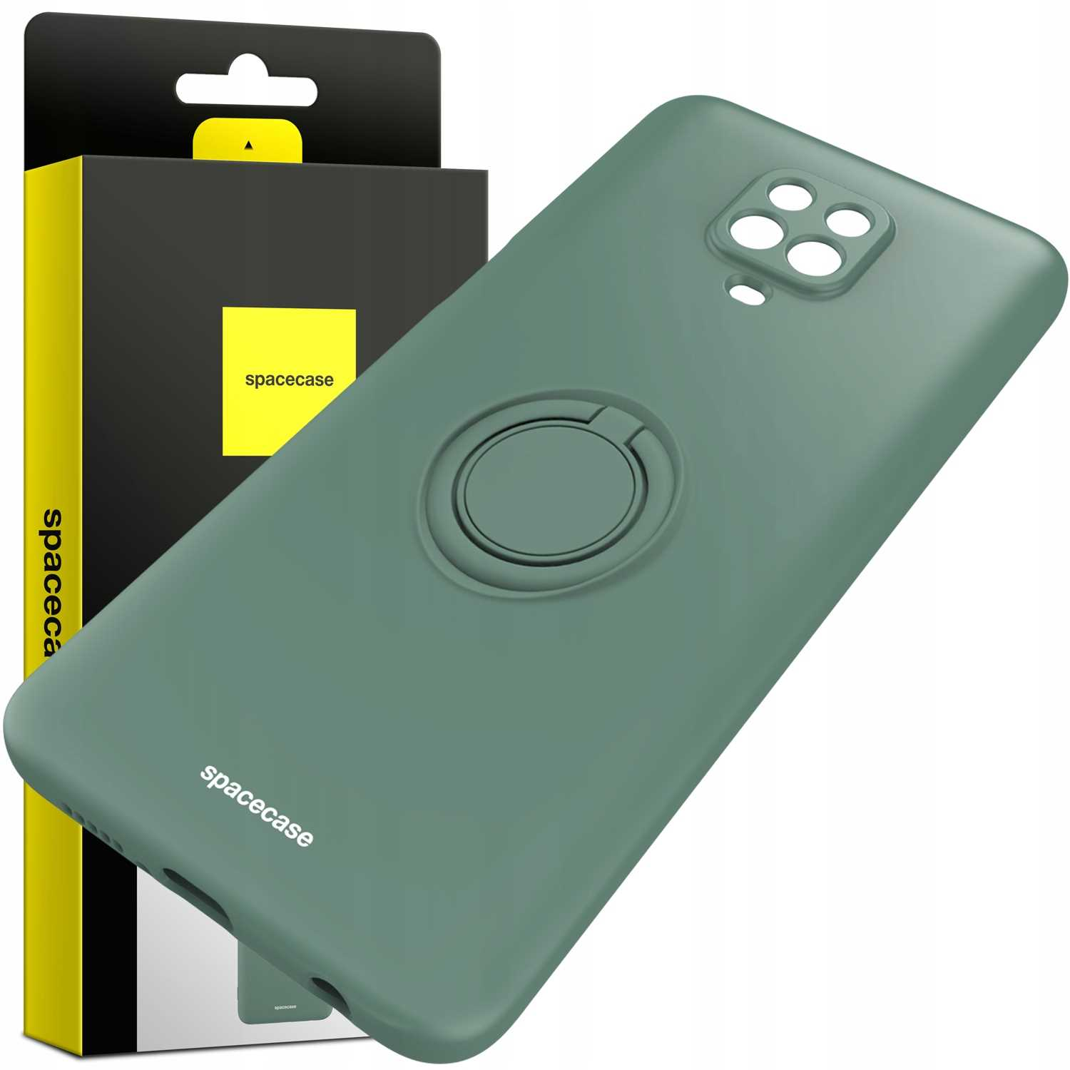 Zielone etui na telefon i pudełko z marką 'spacecase'. Pudełko z obrazem etui i tekstem.
