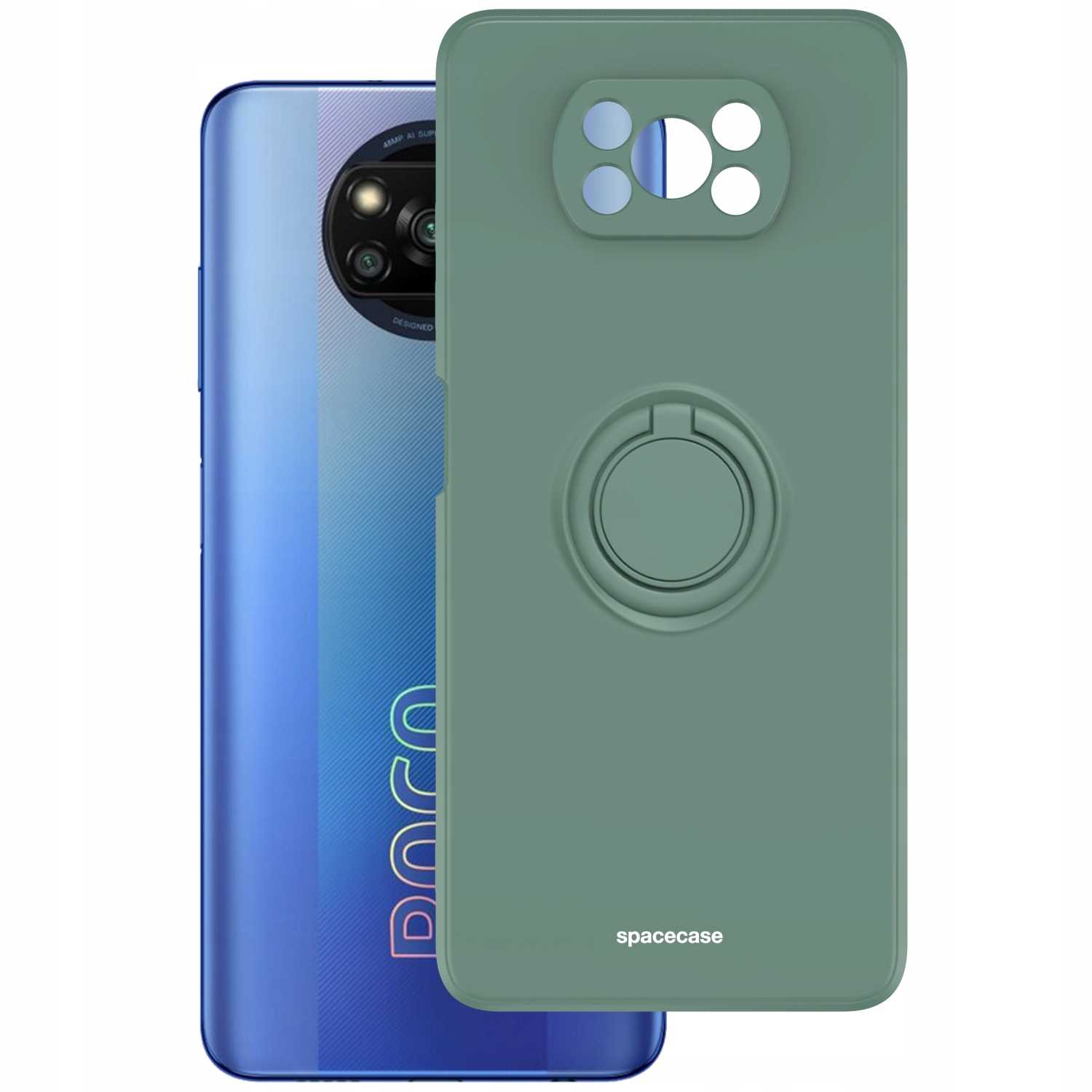 Zielone etui z uchwytem na palec obok niebieskiego telefonu. Widoczne logo Spacecase.