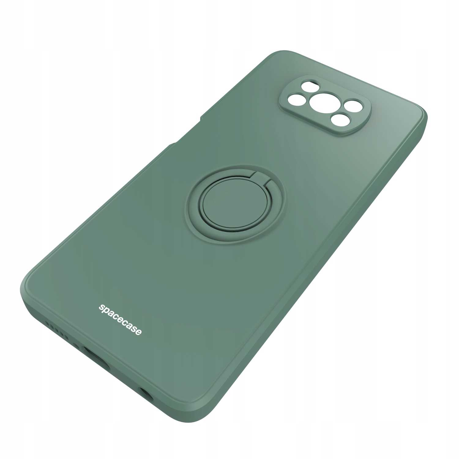 Zielone etui z uchwytem na pierścień, pod kątem, z napisem 'spacecase'.