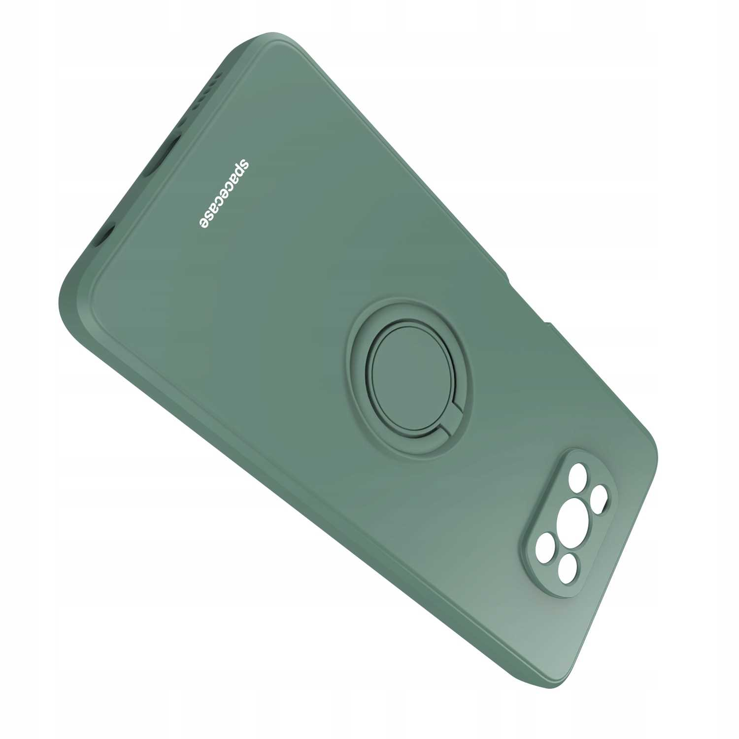 Zielone etui z uchwytem na pierścień, pod kątem, z napisem 'spacecase'.