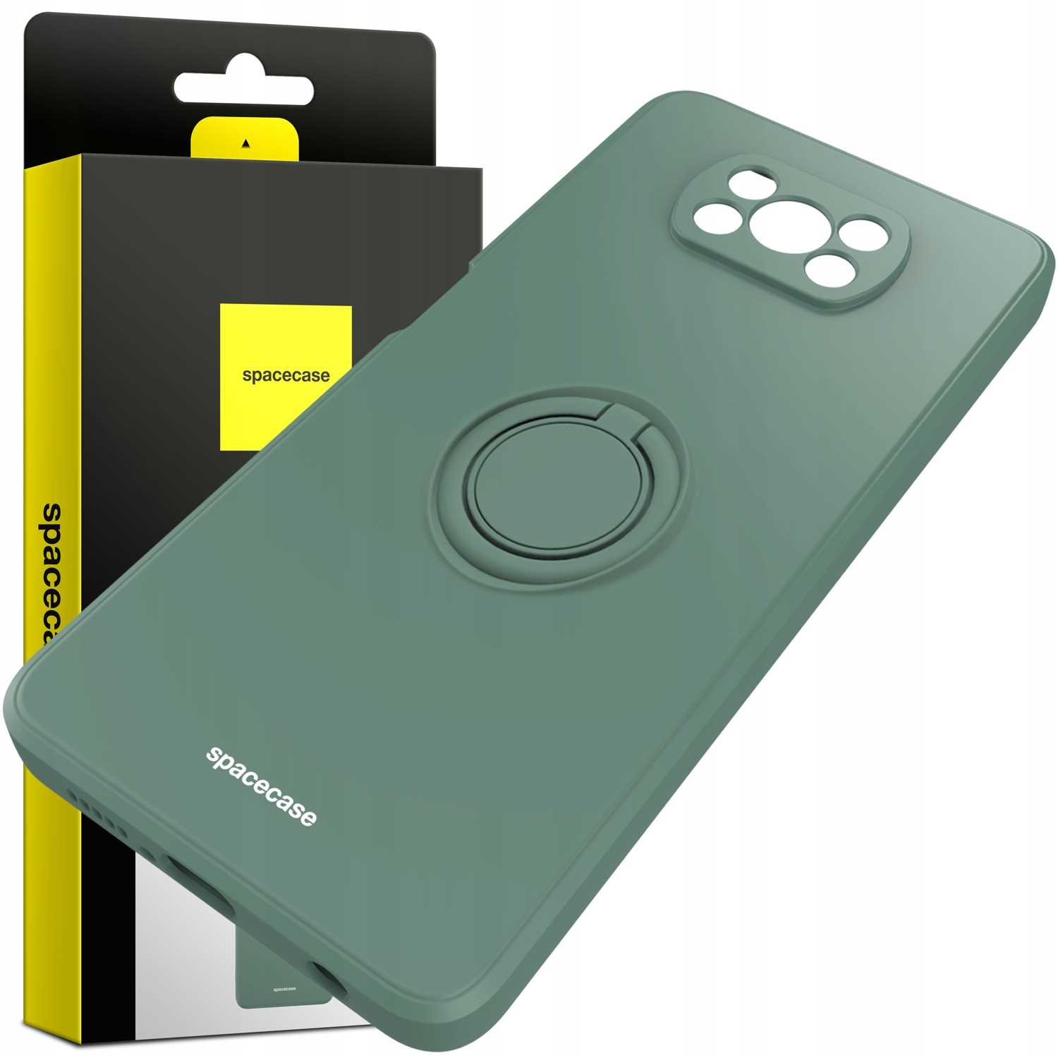 Zielone etui na telefon i opakowanie. Etui ma uchwyt na pierścień. Opakowanie przedstawia etui.