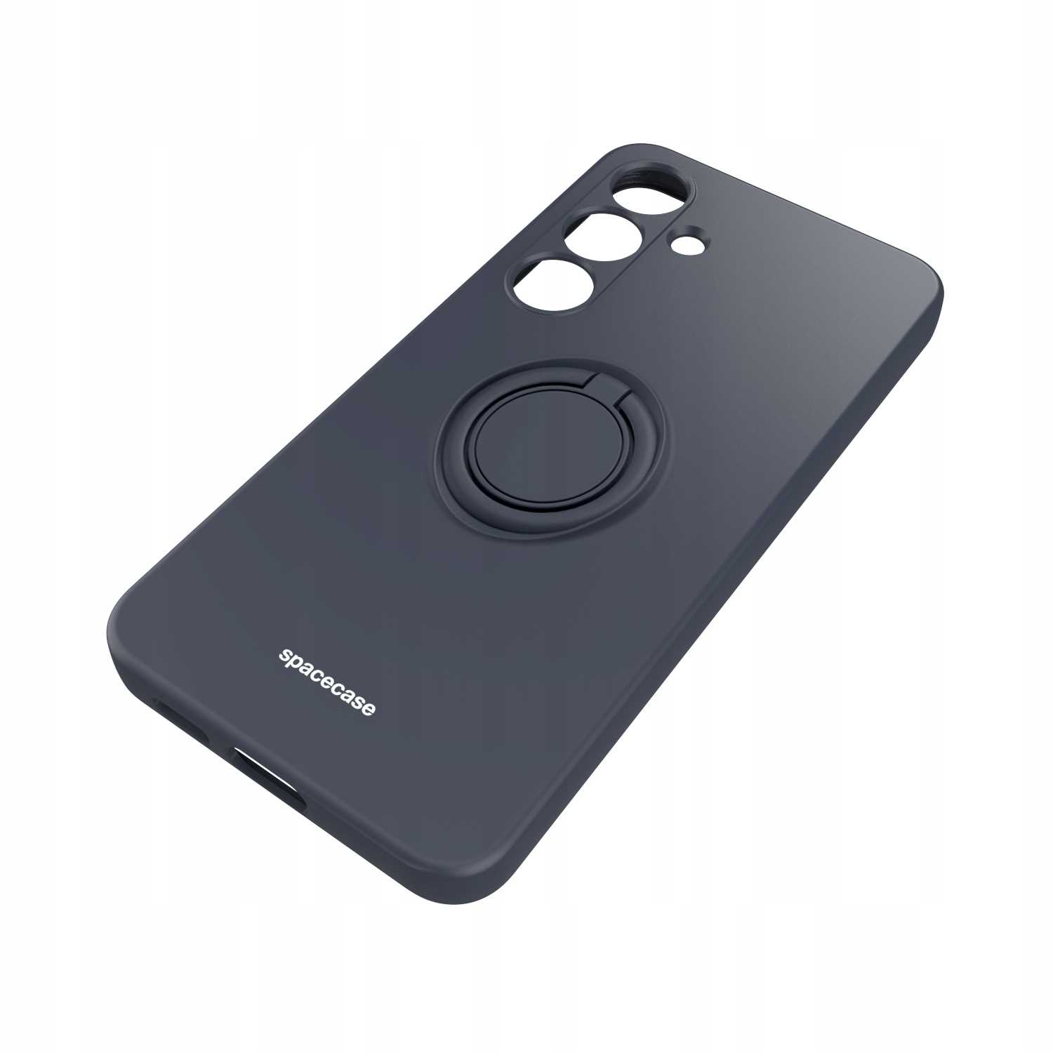 Ciemnoszare etui na telefon z uchwytem na pierścień. Wycięcia na aparat i przyciski.