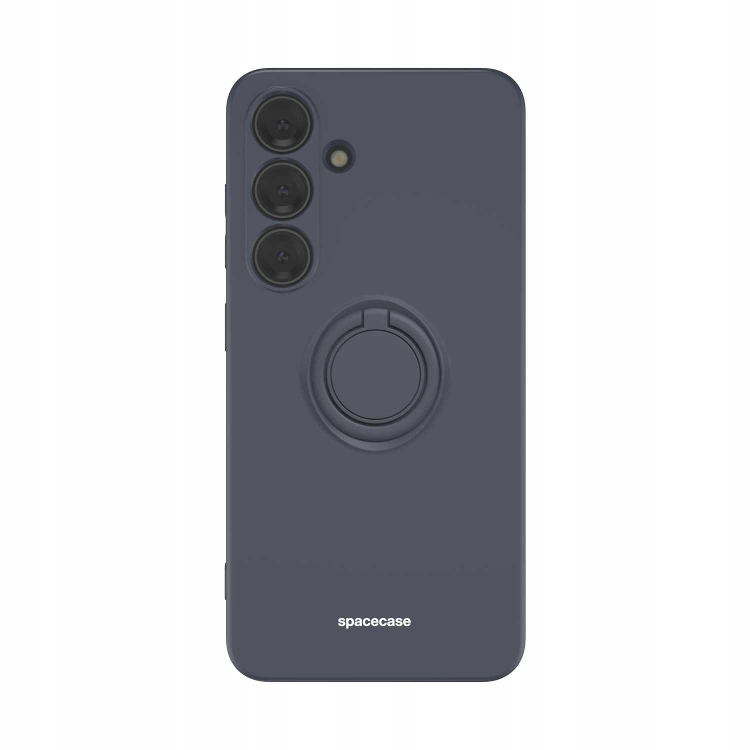 Ciemnoniebieskie etui na telefon z pierścieniem. 'spacecase' na etui. Aparat u góry.