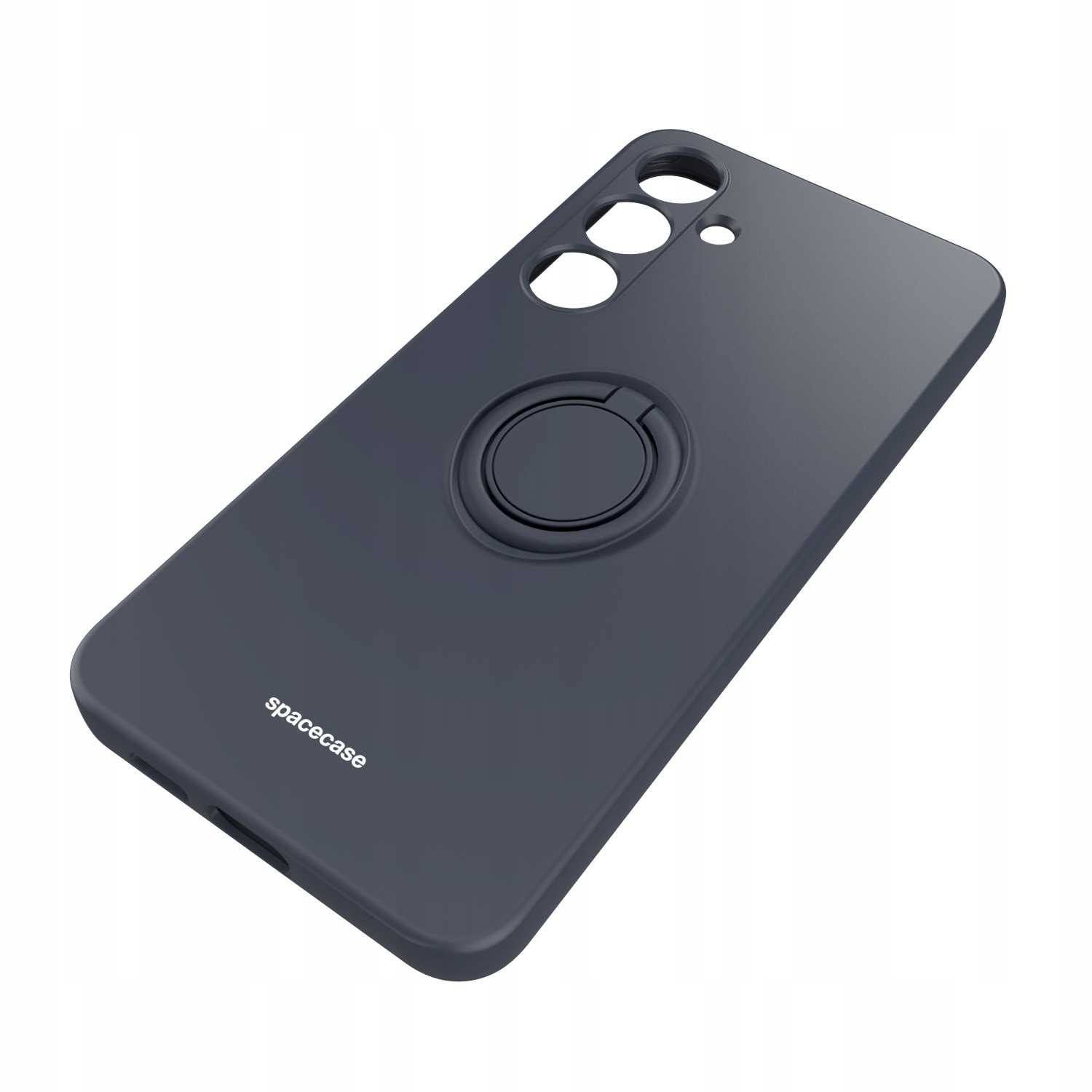 Ciemnoszara obudowa telefonu z uchwytem na pierścień. Logo 'spacecase' na dole.