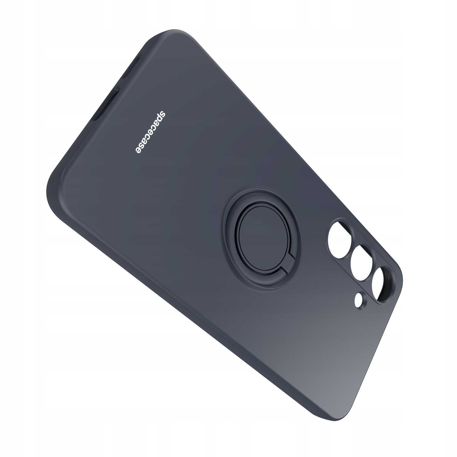 Czarne etui na telefon z uchwytem na palec i wycięciami na aparat. Widoczna nazwa marki 'spacecase'.