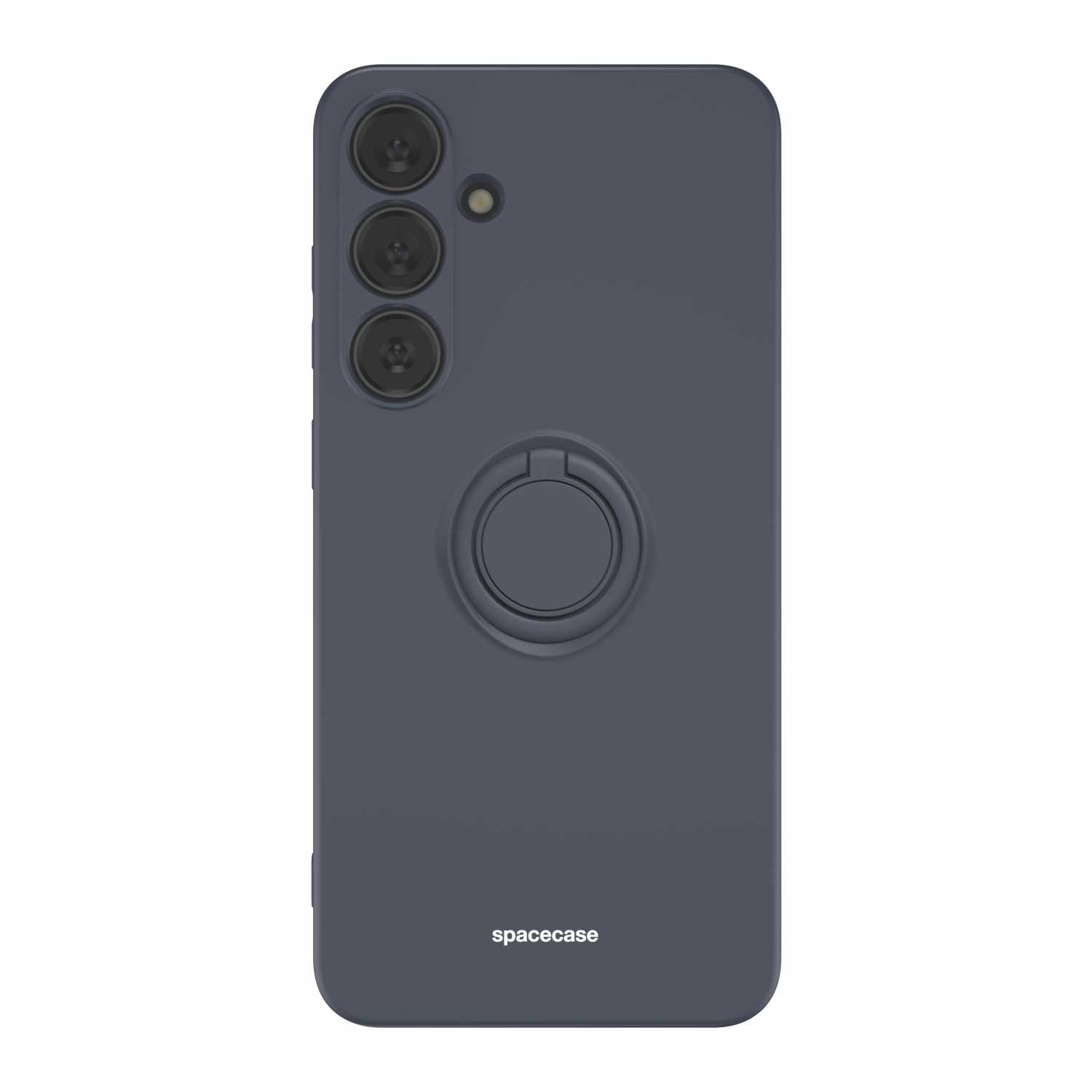 Ciemnoszara obudowa telefonu z uchwytem na pierścień. Logo 'spacecase' na dole.