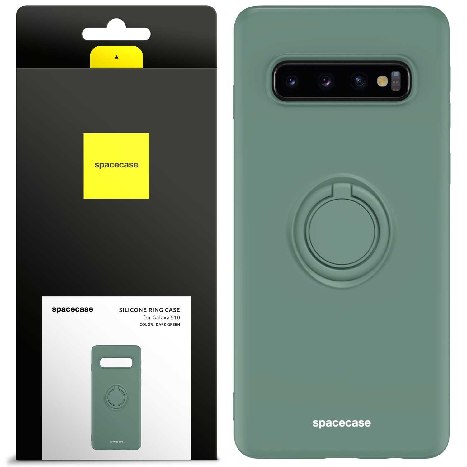 Zielone etui na telefon z uchwytem na pierścień. Opakowanie z nazwą etui po lewej stronie.