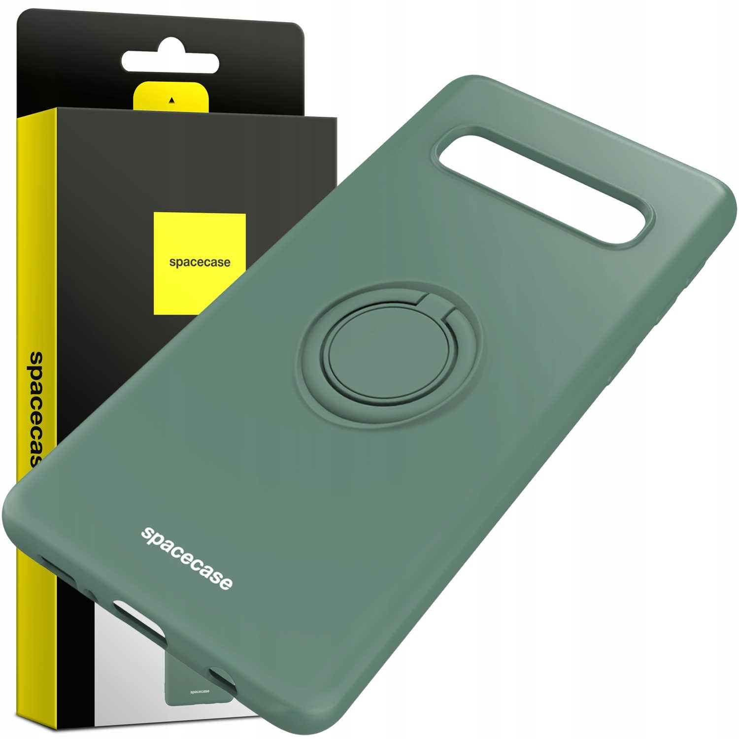 Zielone etui na telefon z uchwytem na pierścień i pudełkiem. Marka 'spacecase' jest nadrukowana.