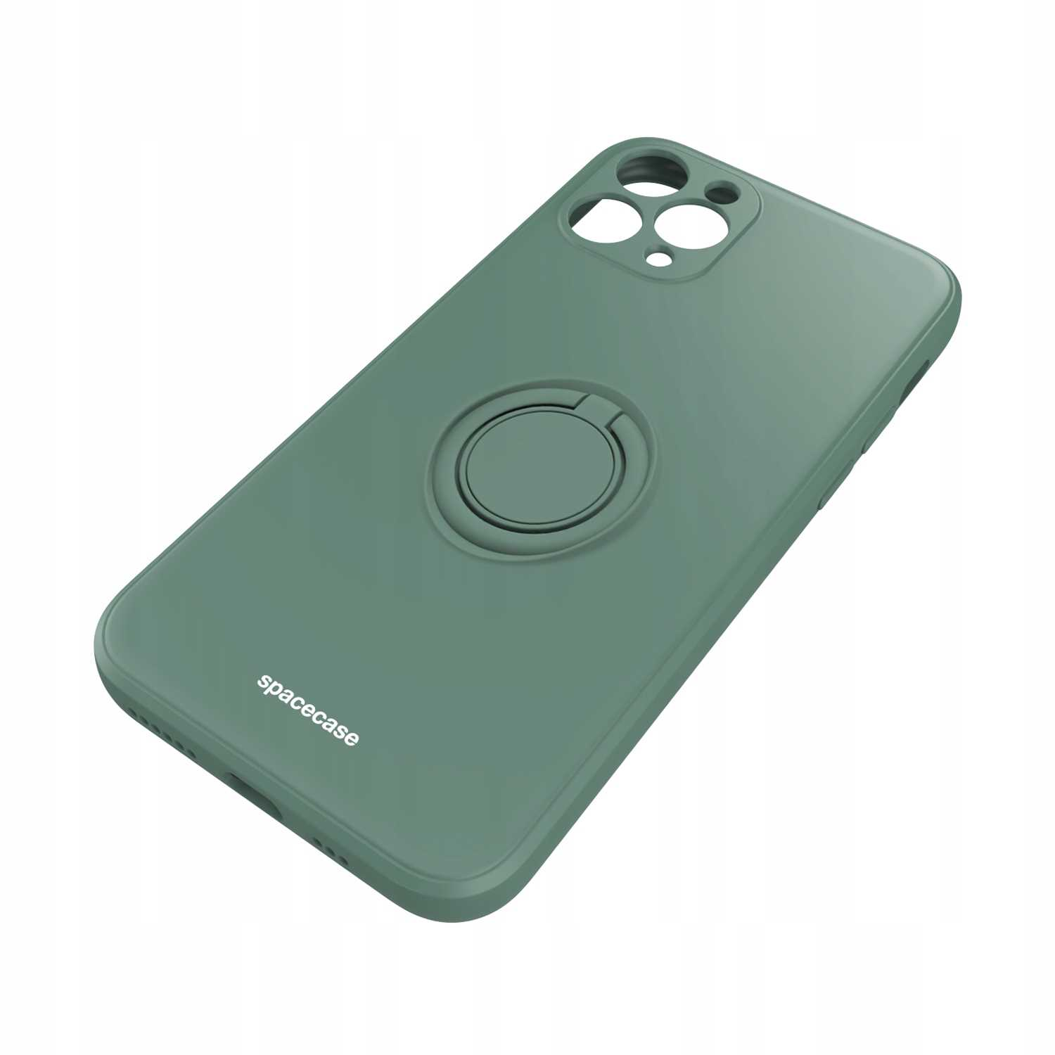 Zielone etui na telefon z uchwytem na pierścień. Etui jest pod kątem i ma napis 'spacecase'.