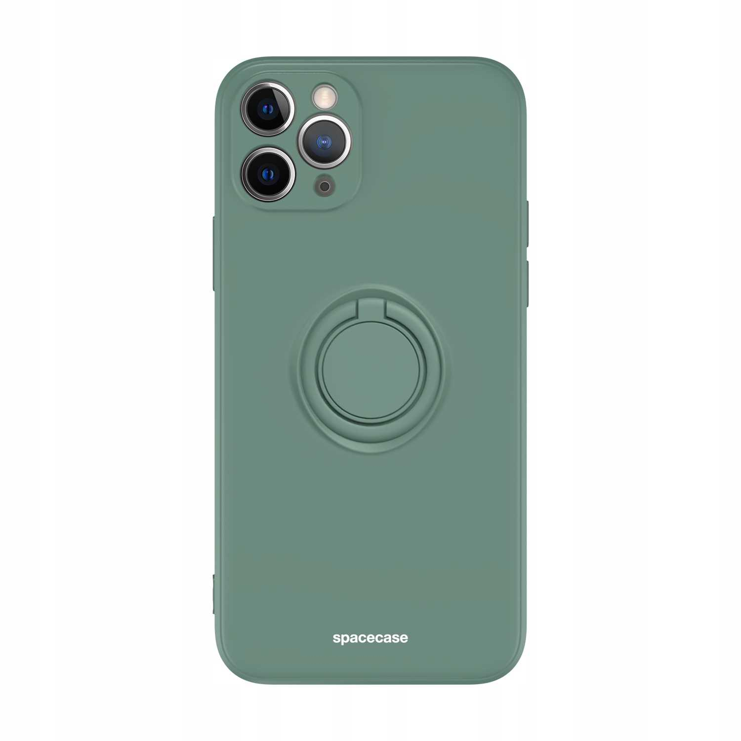 Zielone etui na telefon z uchwytem na pierścień. Logo Spacecase na dole. Widoczne wycięcia na aparat.
